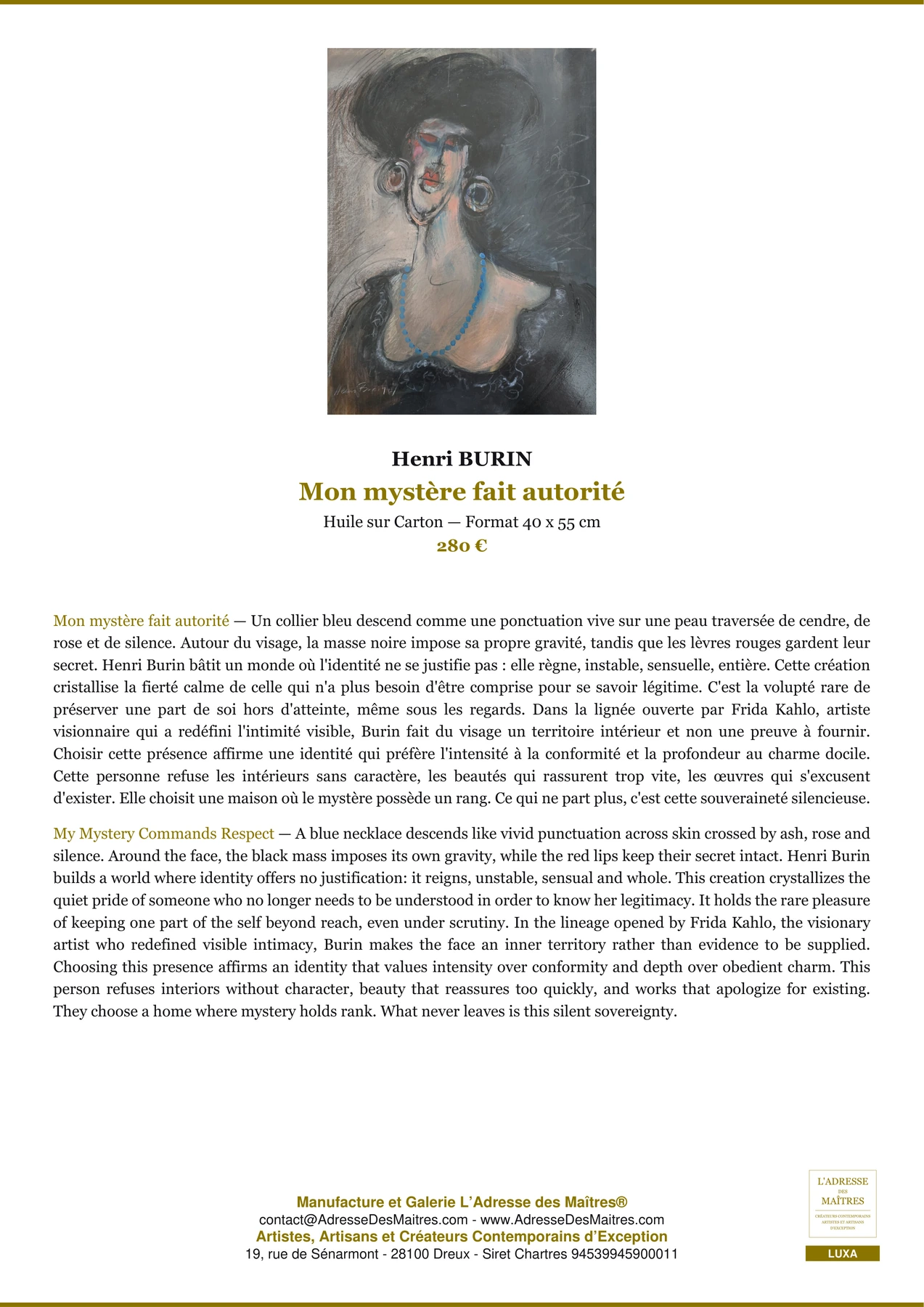 Fiche Premium — Mon mystère fait autorité — Henri BURIN — L'Adresse des Maîtres®
