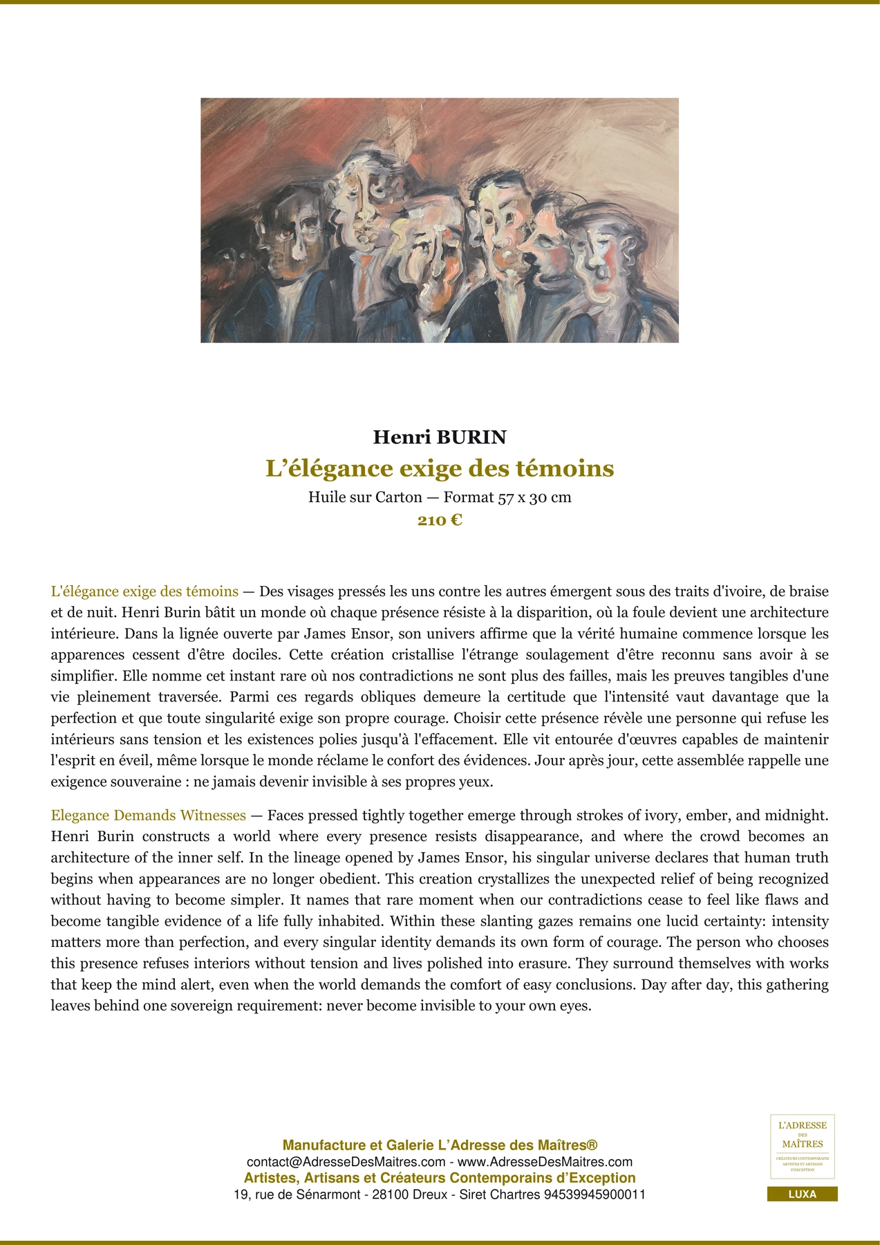 Fiche Premium — L’élégance exige des témoins — Henri BURIN — L'Adresse des Maîtres®
