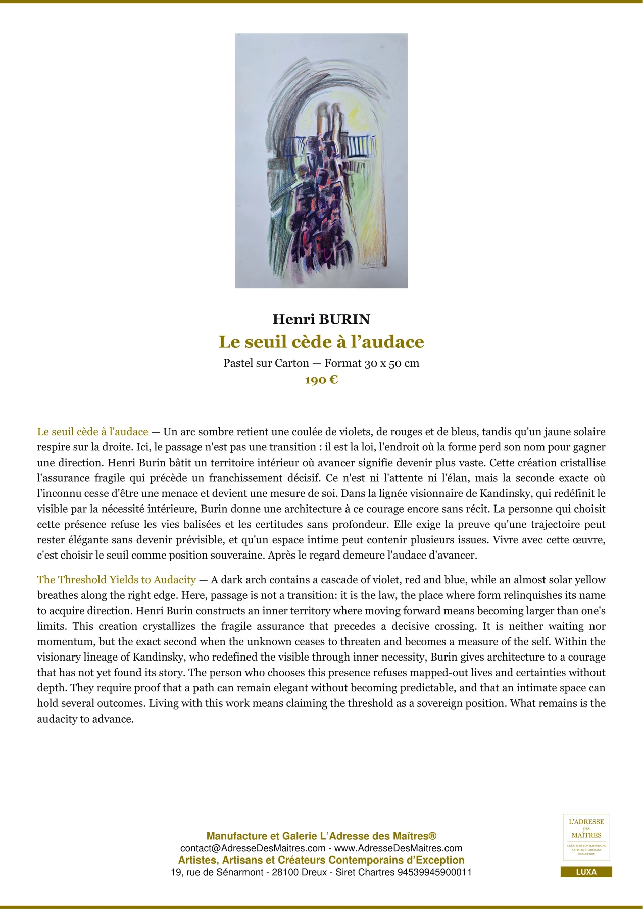 Fiche Premium — Le seuil cède à l’audace — Henri BURIN — L'Adresse des Maîtres®