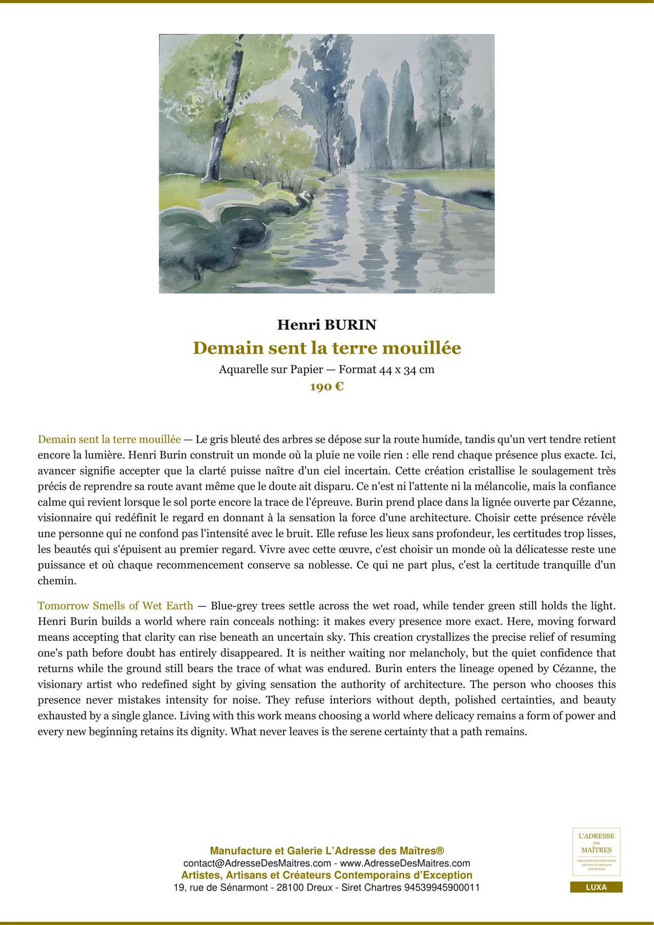 Fiche Premium — Demain sent la terre mouillée — Henri BURIN — L'Adresse des Maîtres®