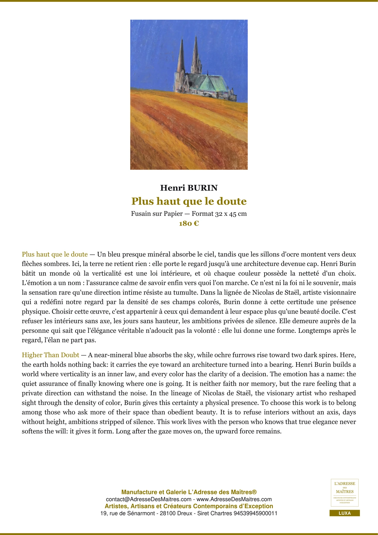 Fiche Premium — Plus haut que le doute — Henri BURIN — L'Adresse des Maîtres®