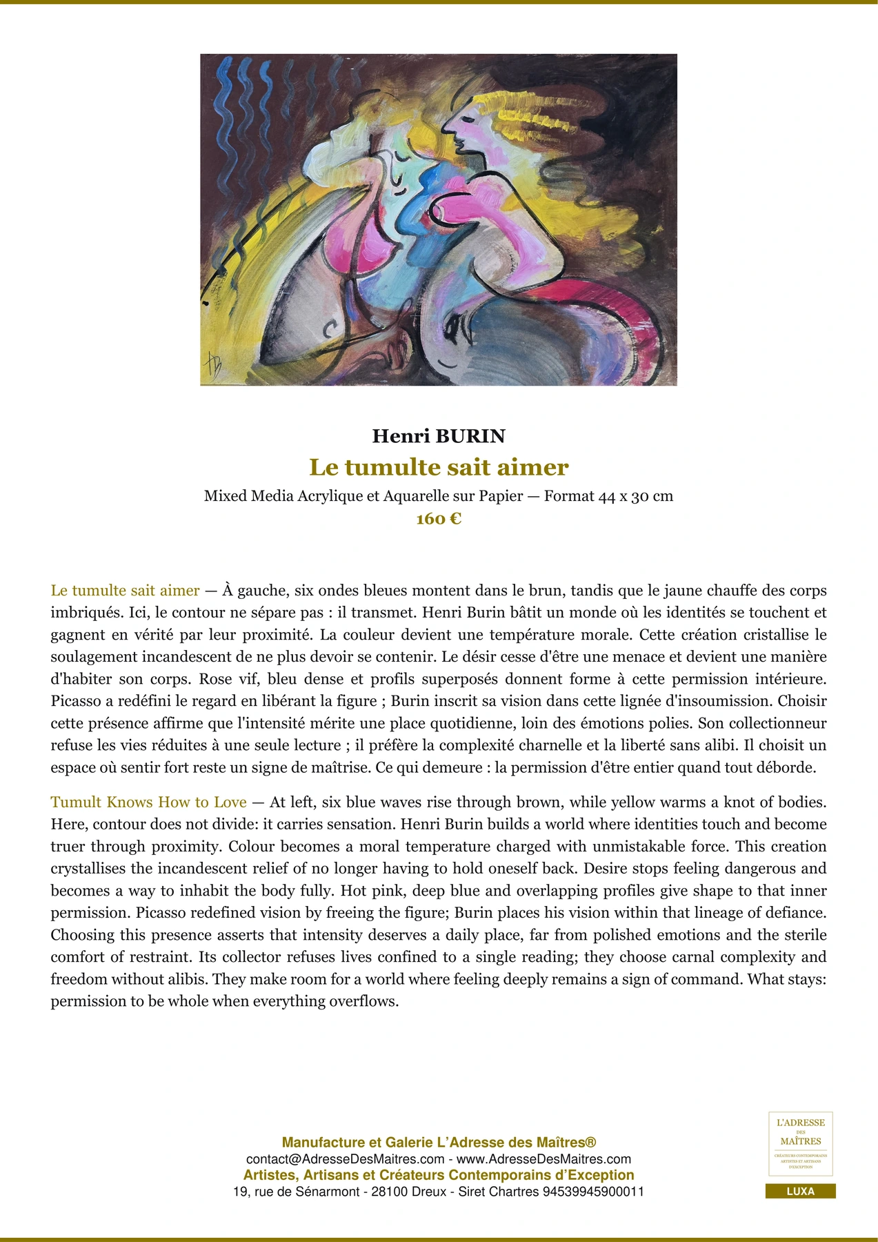 Fiche Premium — Le tumulte sait aimer — Henri BURIN — L'Adresse des Maîtres®