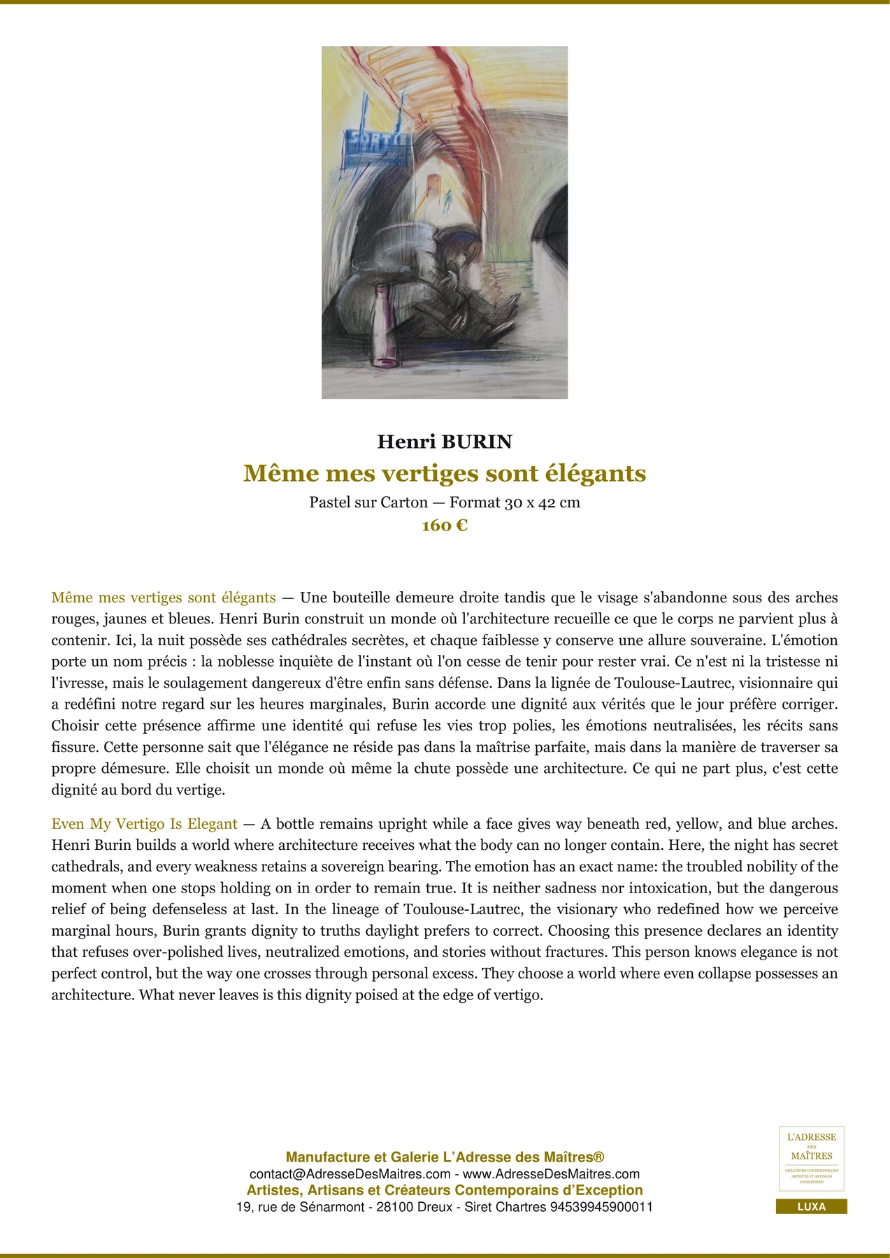 Fiche Premium — Même mes vertiges sont élégants — Henri BURIN — L'Adresse des Maîtres®