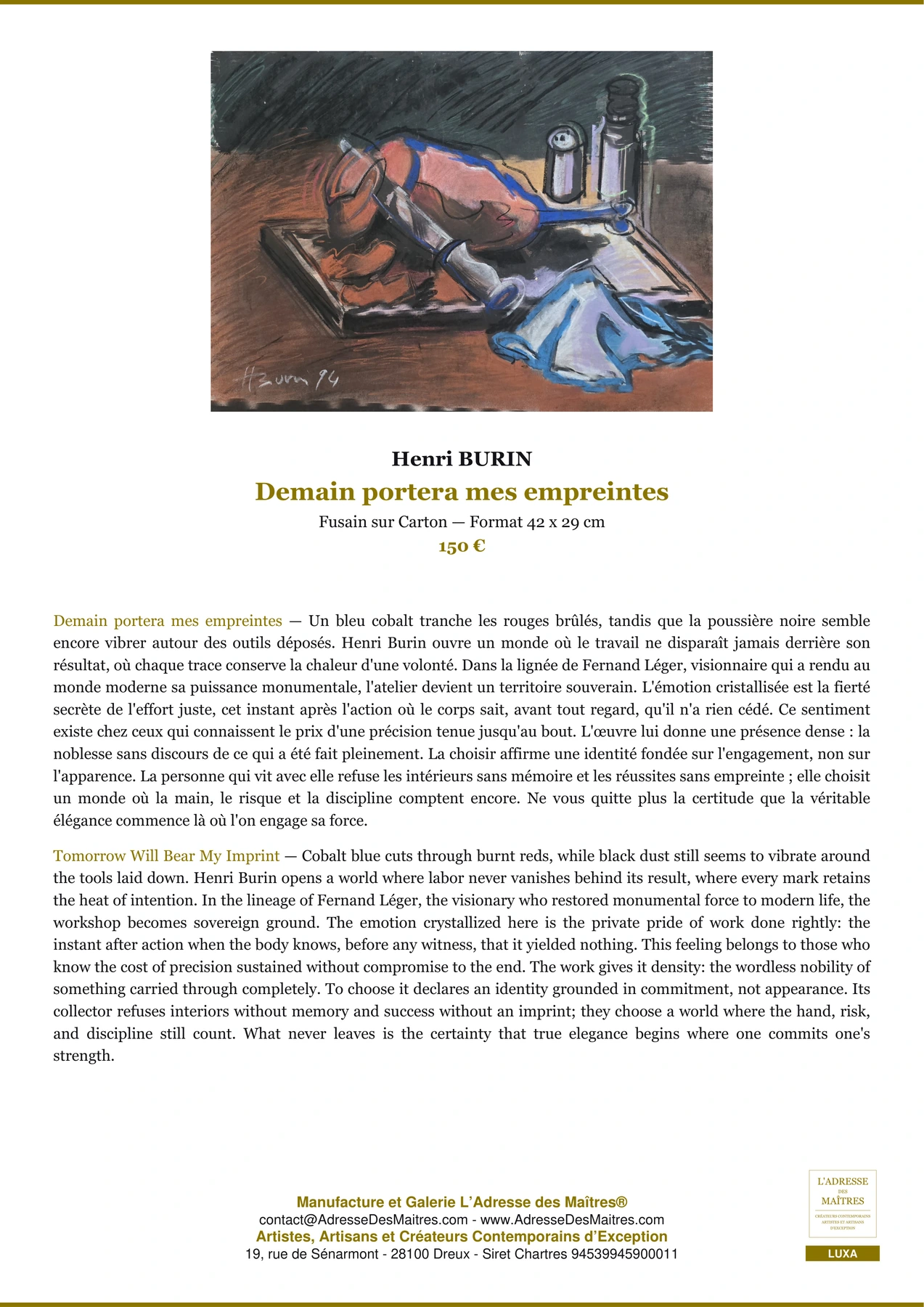 Fiche Premium — Demain portera mes empreintes — Henri BURIN — L'Adresse des Maîtres®