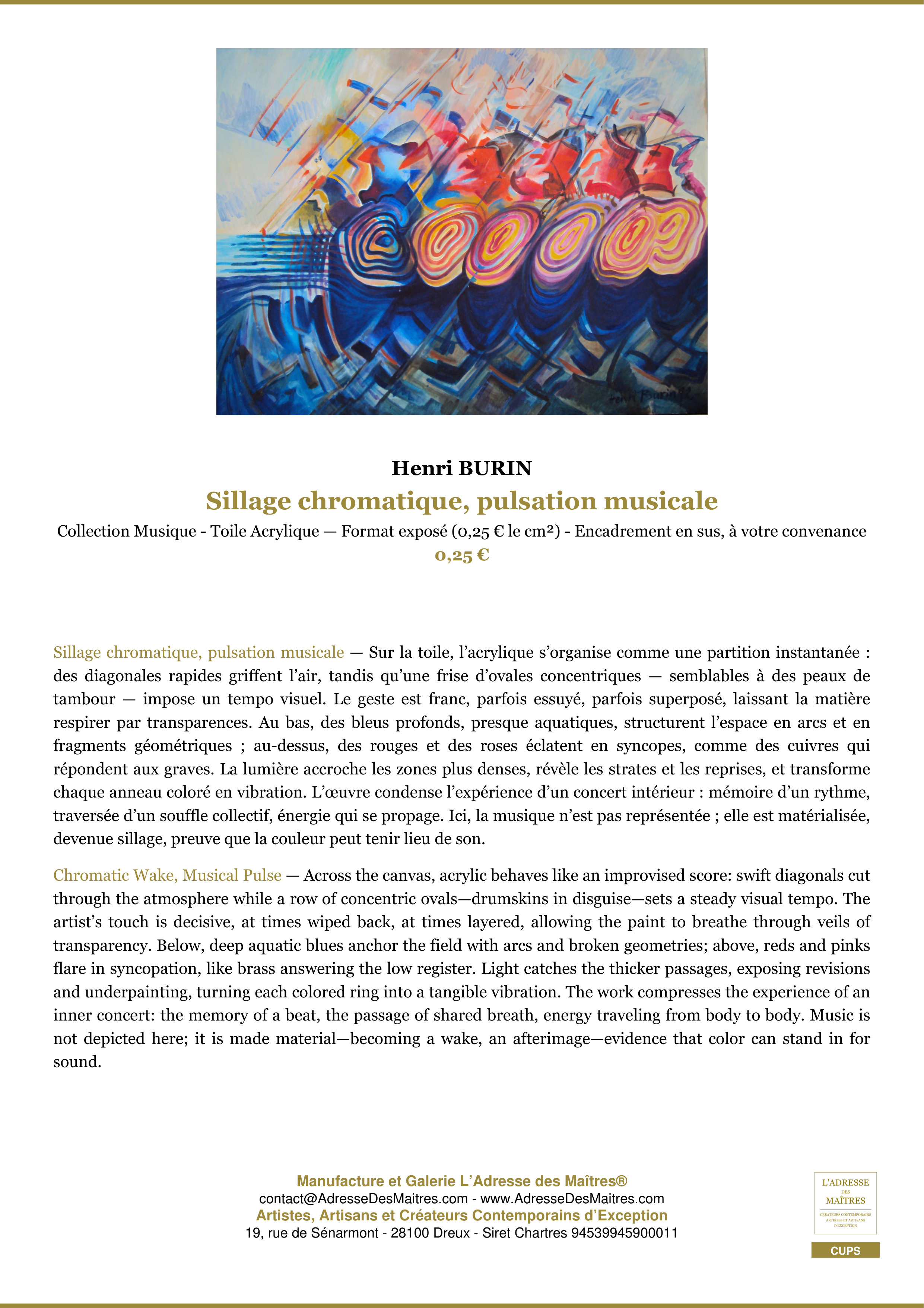 Fiche Premium — Sillage chromatique, pulsation musicale — Henri BURIN — L'Adresse des Maîtres®