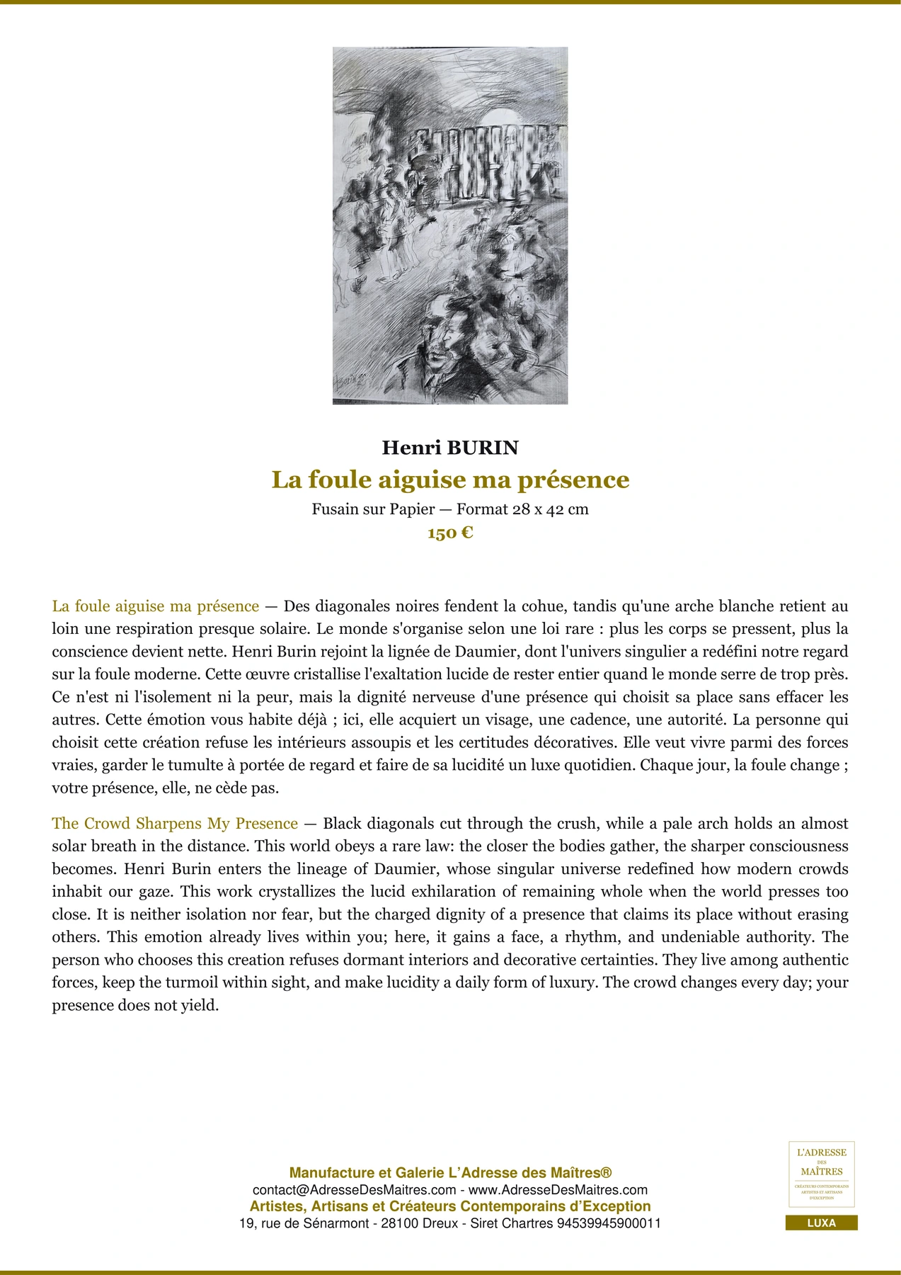 Fiche Premium — La foule aiguise ma présence — Henri BURIN — L'Adresse des Maîtres®