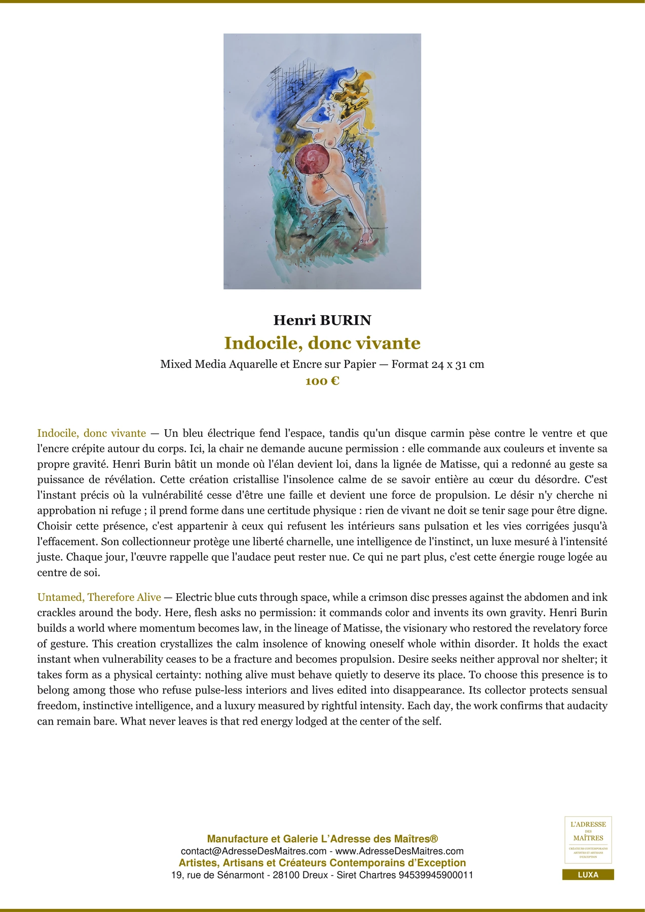 Fiche Premium — Indocile, donc vivante — Henri BURIN — L'Adresse des Maîtres®
