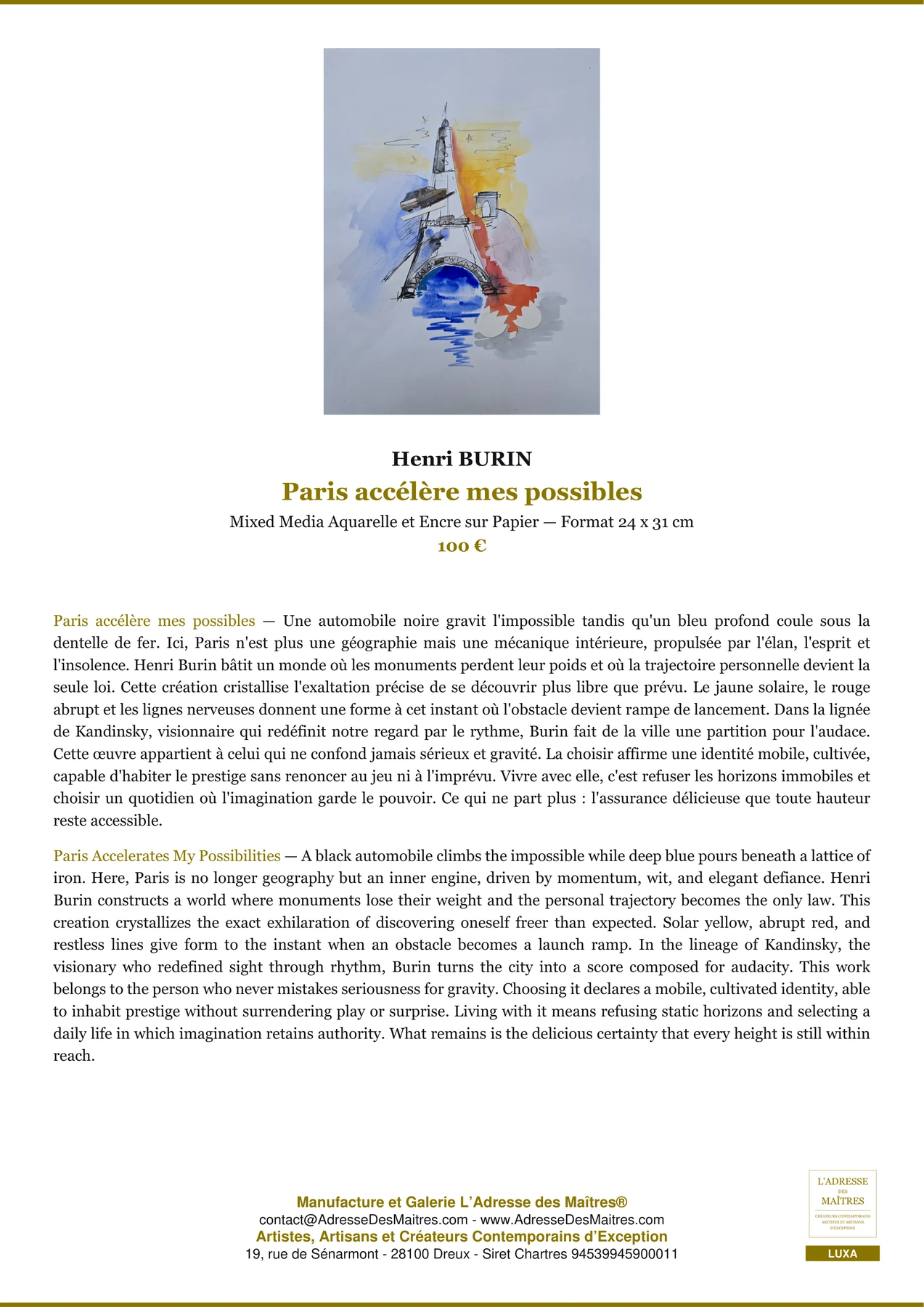 Fiche Premium — Paris accélère mes possibles — Henri BURIN — L'Adresse des Maîtres®