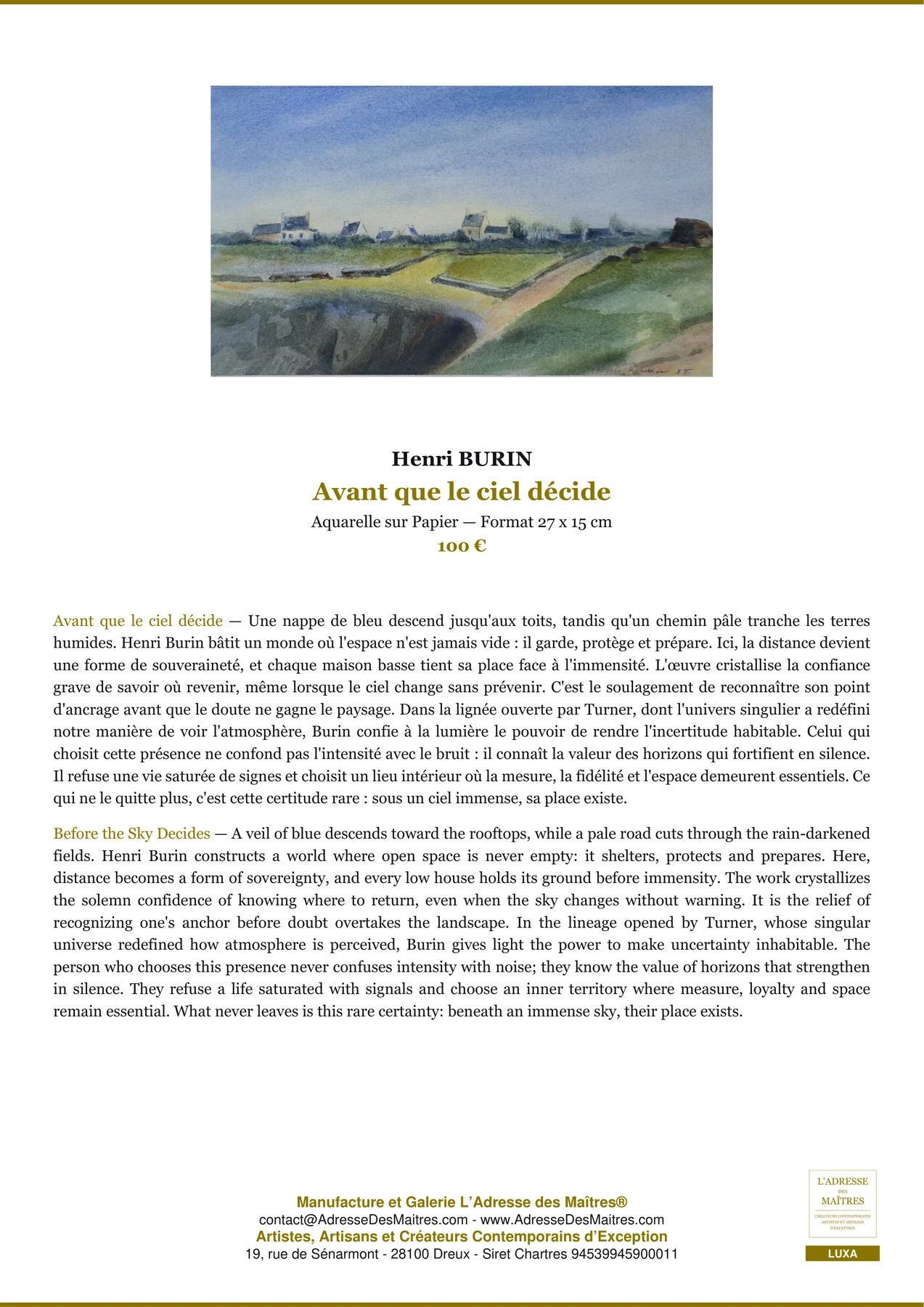 Fiche Premium — Avant que le ciel décide — Henri BURIN — L'Adresse des Maîtres®
