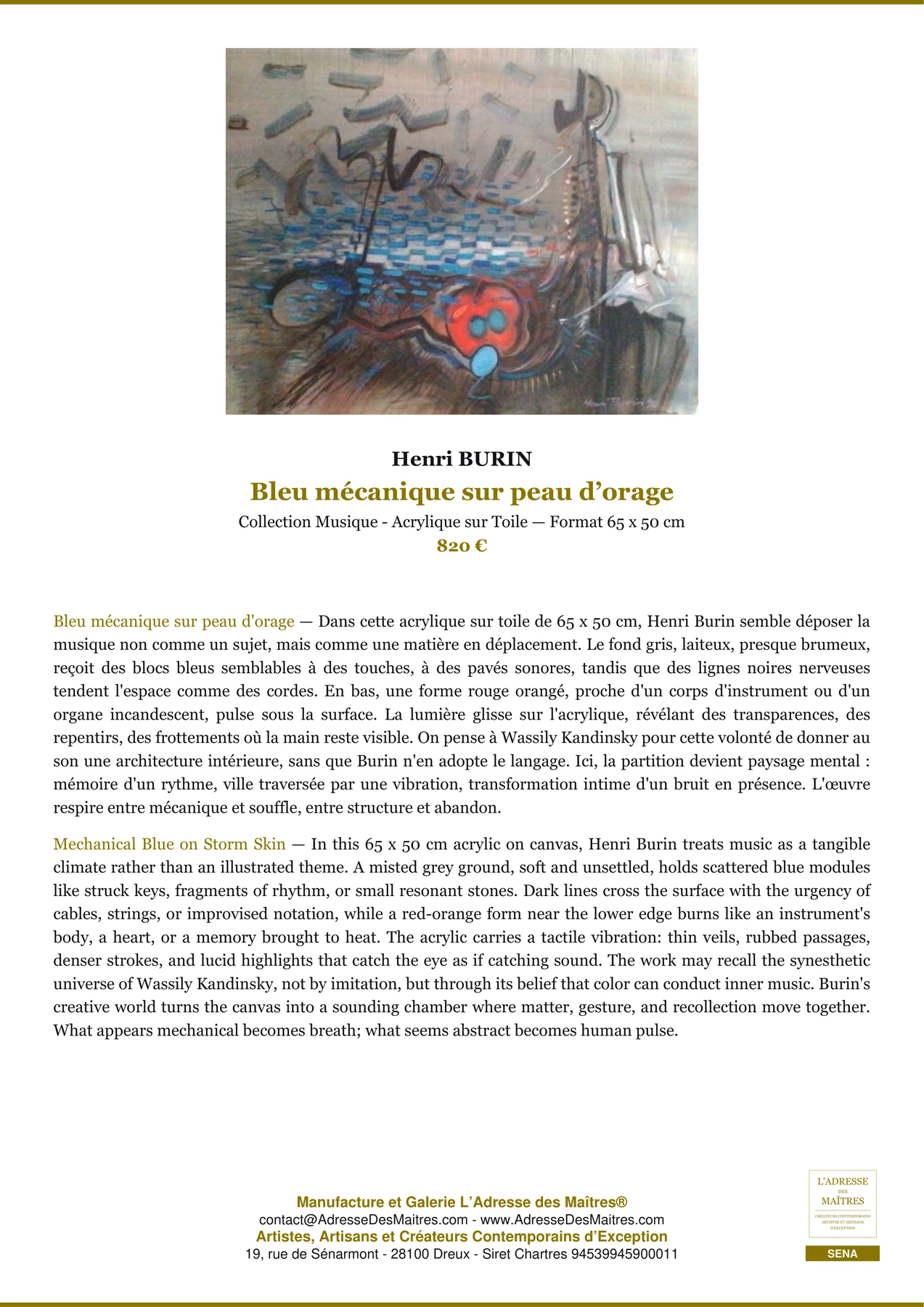 Fiche Premium — Bleu mécanique sur peau d’orage — Henri BURIN — L'Adresse des Maîtres®