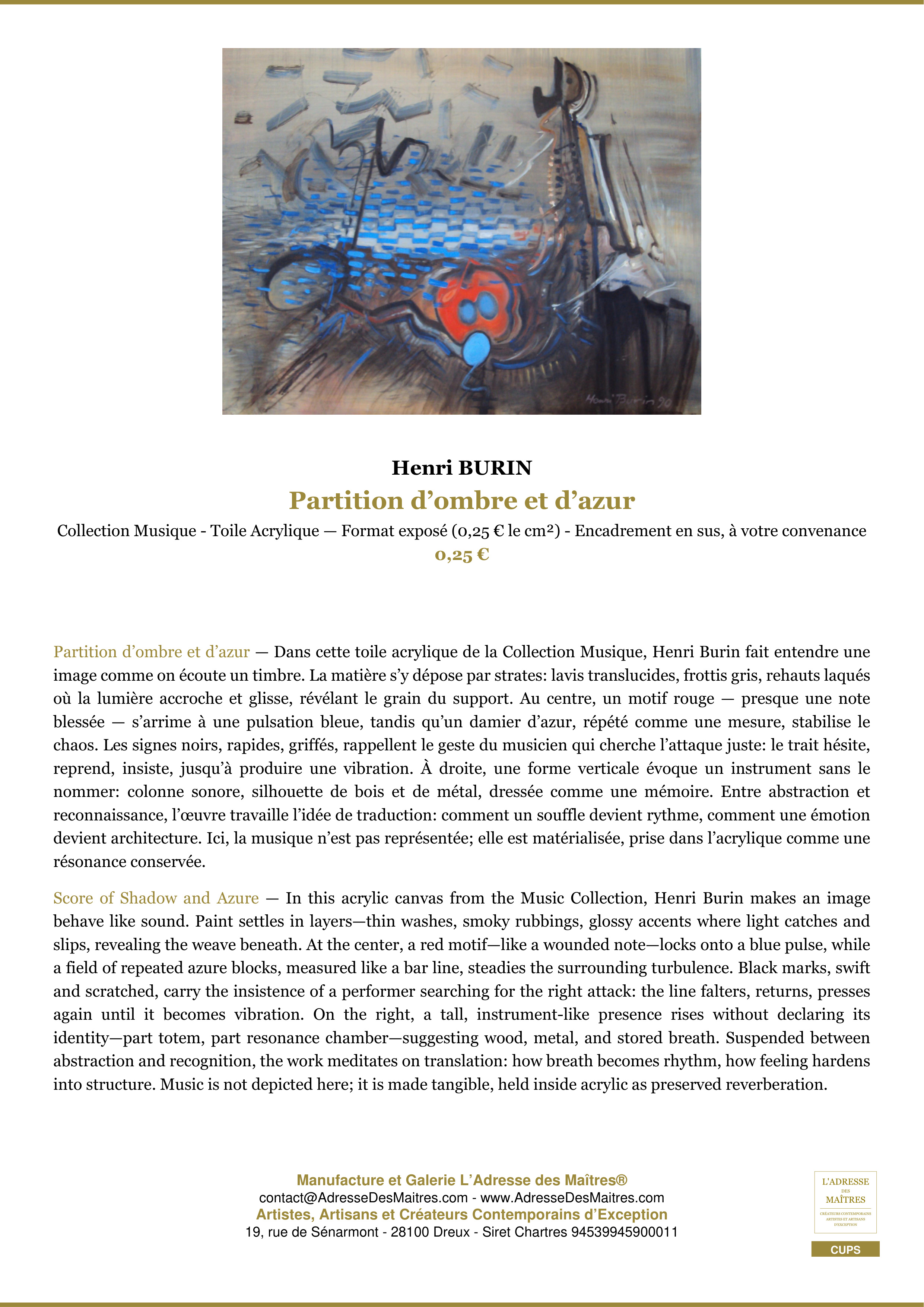 Fiche Premium — Partition d’ombre et d’azur — Henri BURIN — L'Adresse des Maîtres®