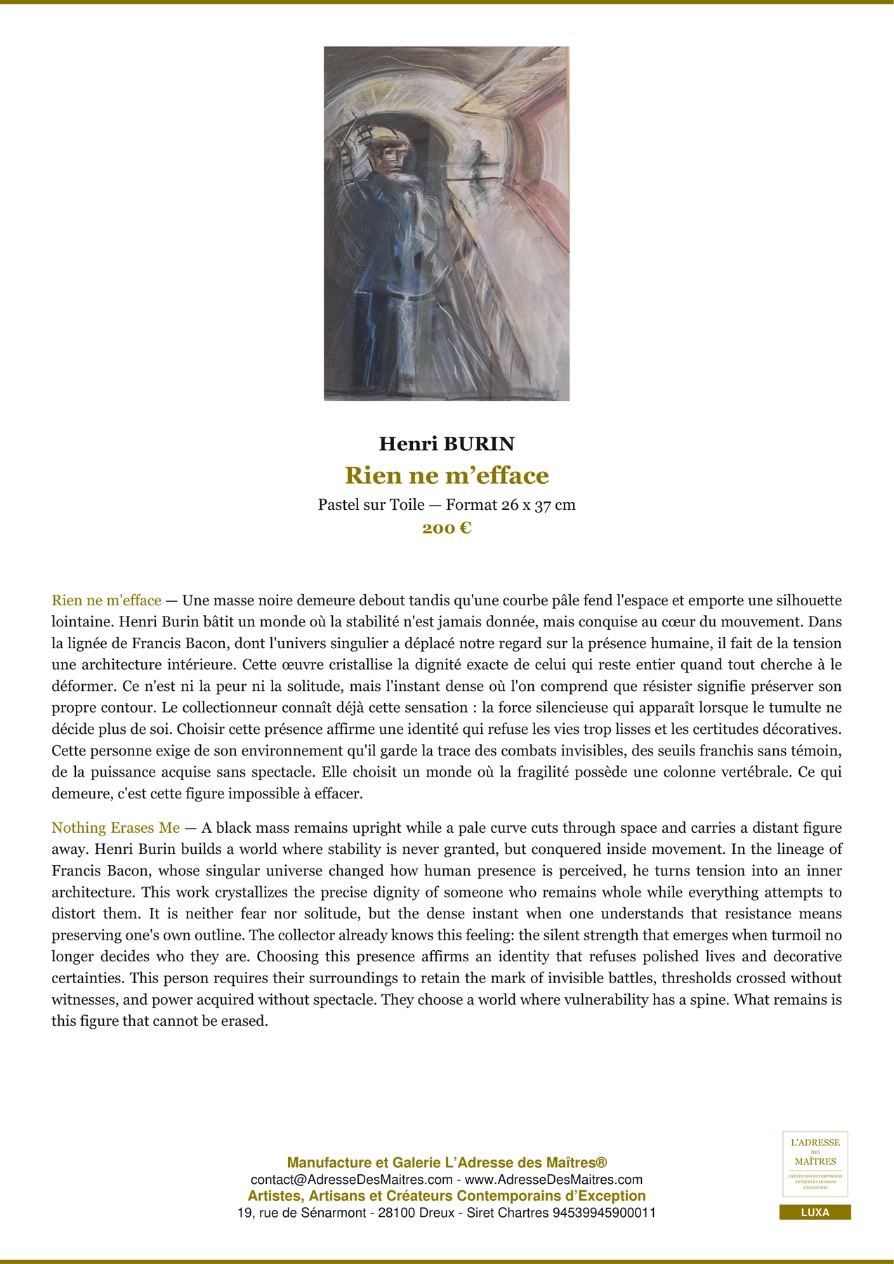 Fiche Premium — Rien ne m’efface — Henri BURIN — L'Adresse des Maîtres®