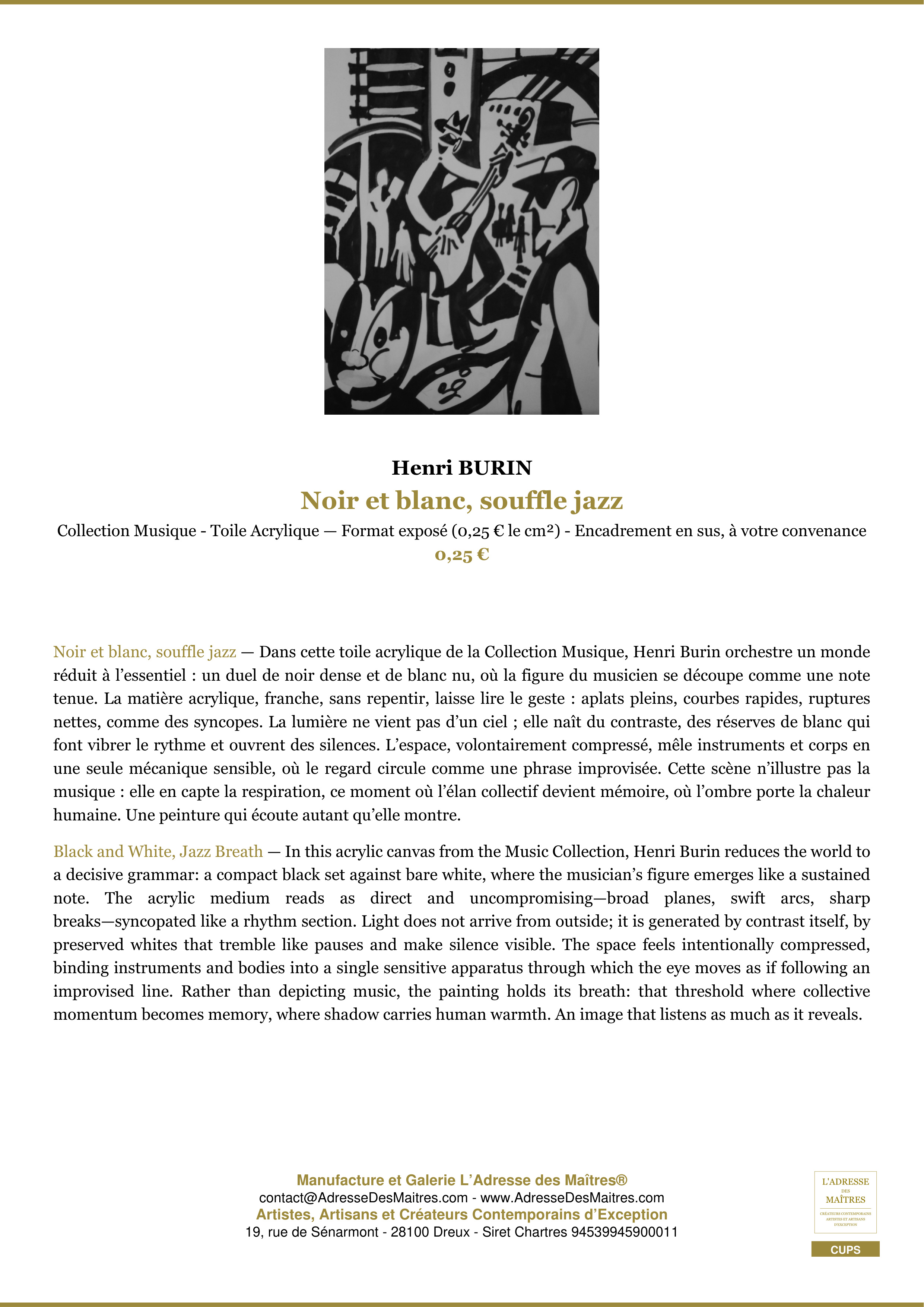 Fiche Premium — Noir et blanc, souffle jazz — Henri BURIN — L'Adresse des Maîtres®