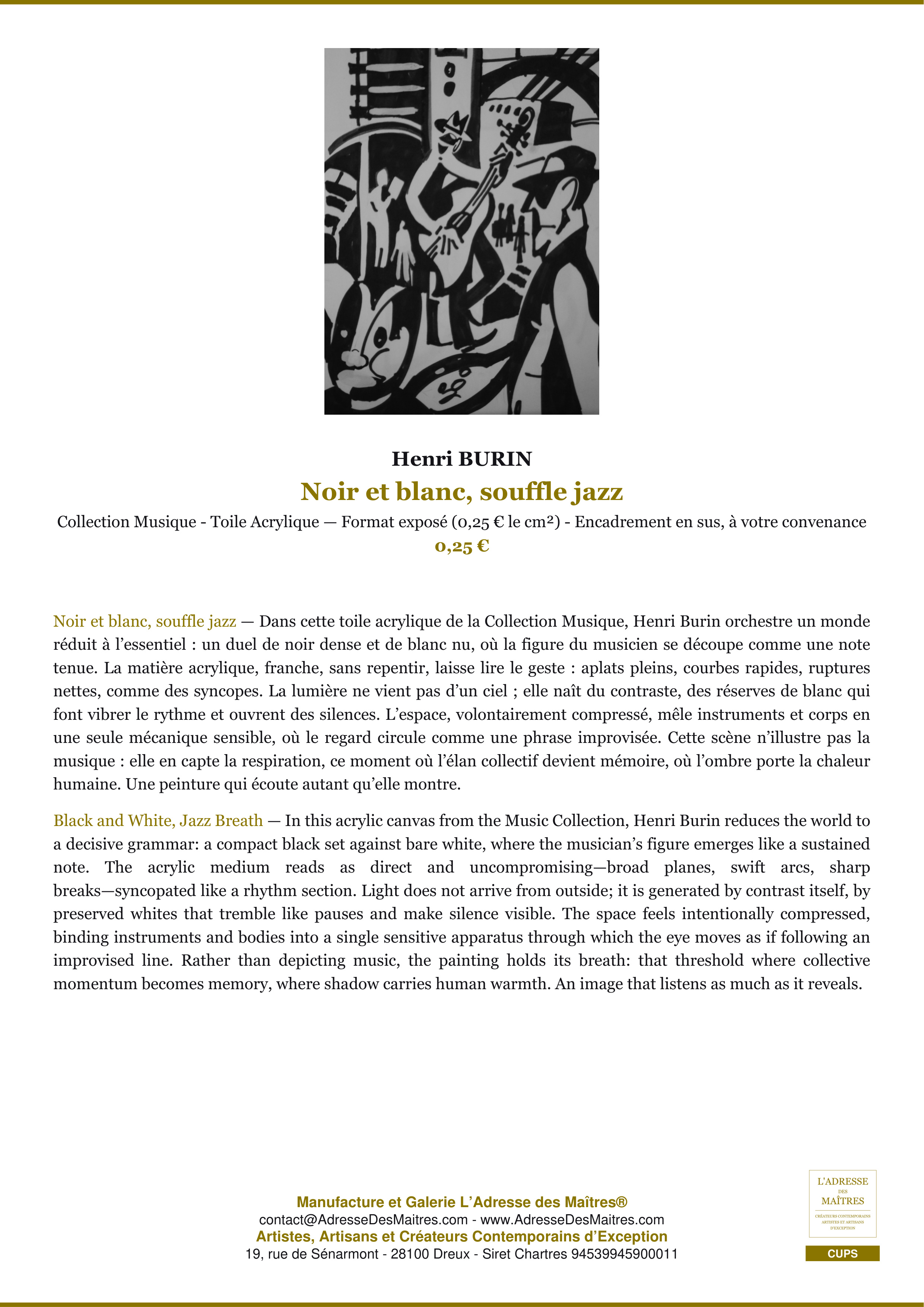 Fiche Premium — Noir et blanc, souffle jazz — Henri BURIN — L'Adresse des Maîtres®