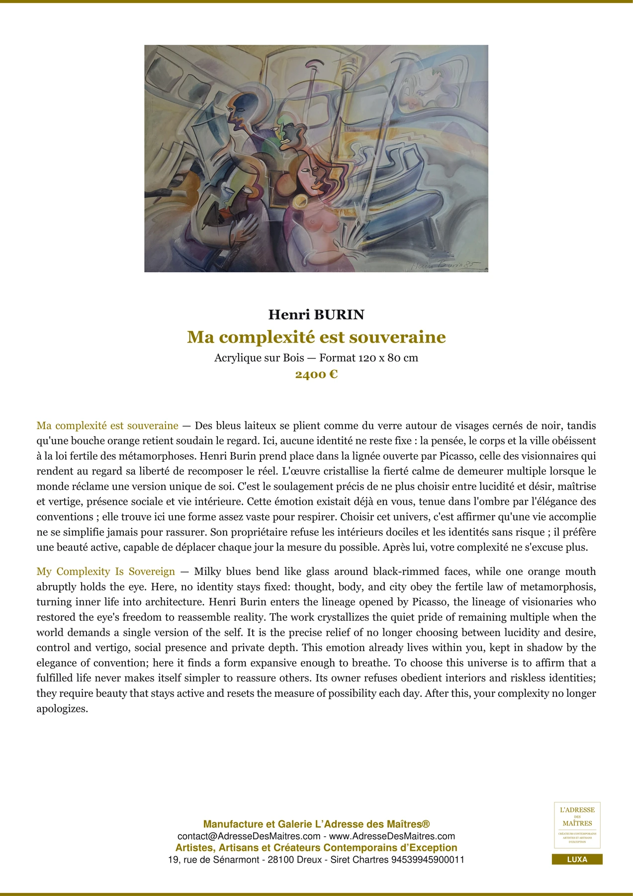 Fiche Premium — Ma complexité est souveraine — Henri BURIN — L'Adresse des Maîtres®