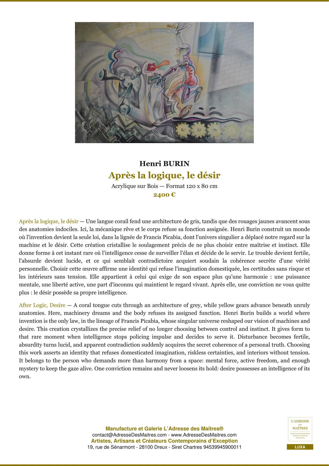 Fiche Premium — Après la logique, le désir — Henri BURIN — L'Adresse des Maîtres®