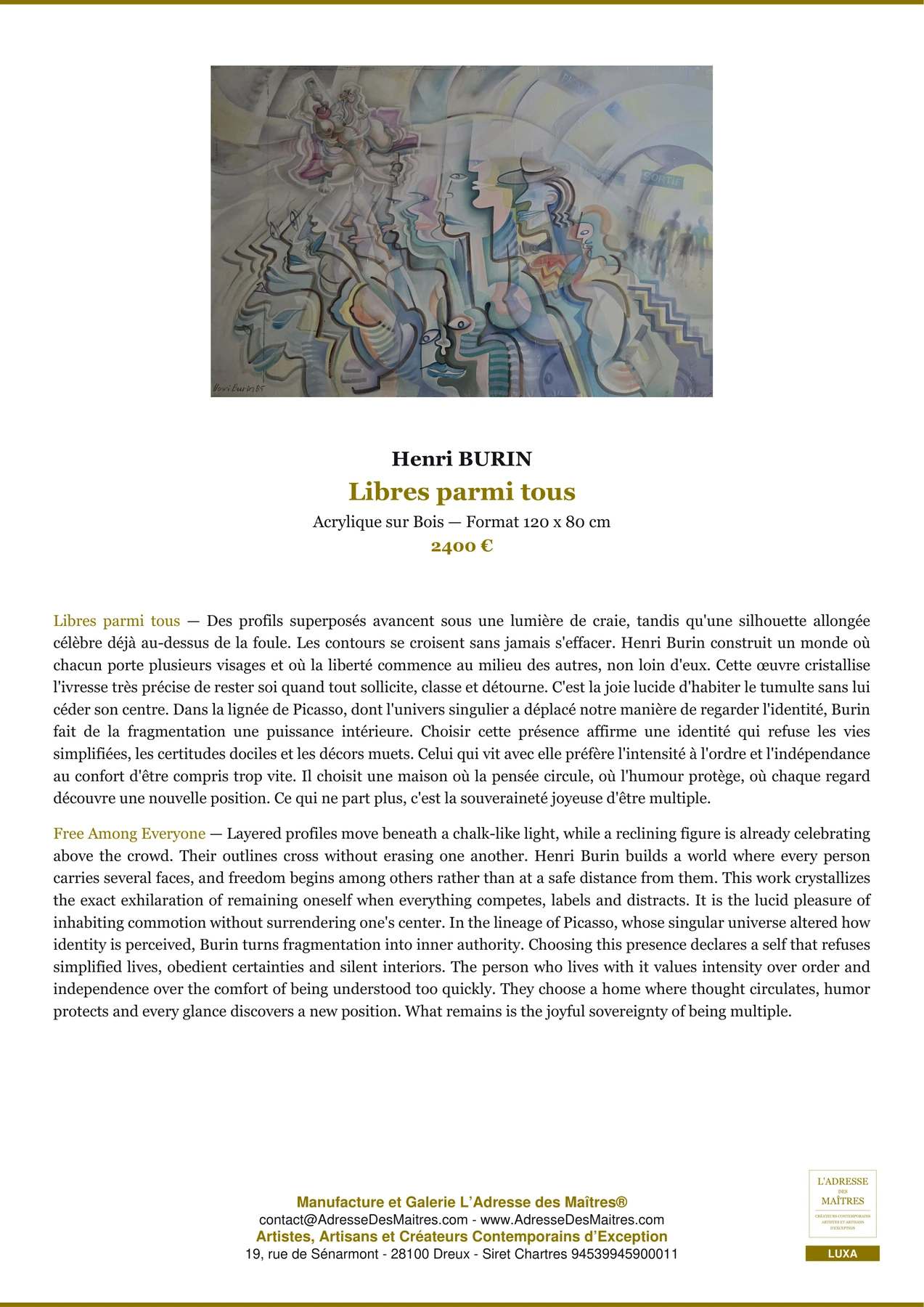 Fiche Premium — Libres parmi tous — Henri BURIN — L'Adresse des Maîtres®