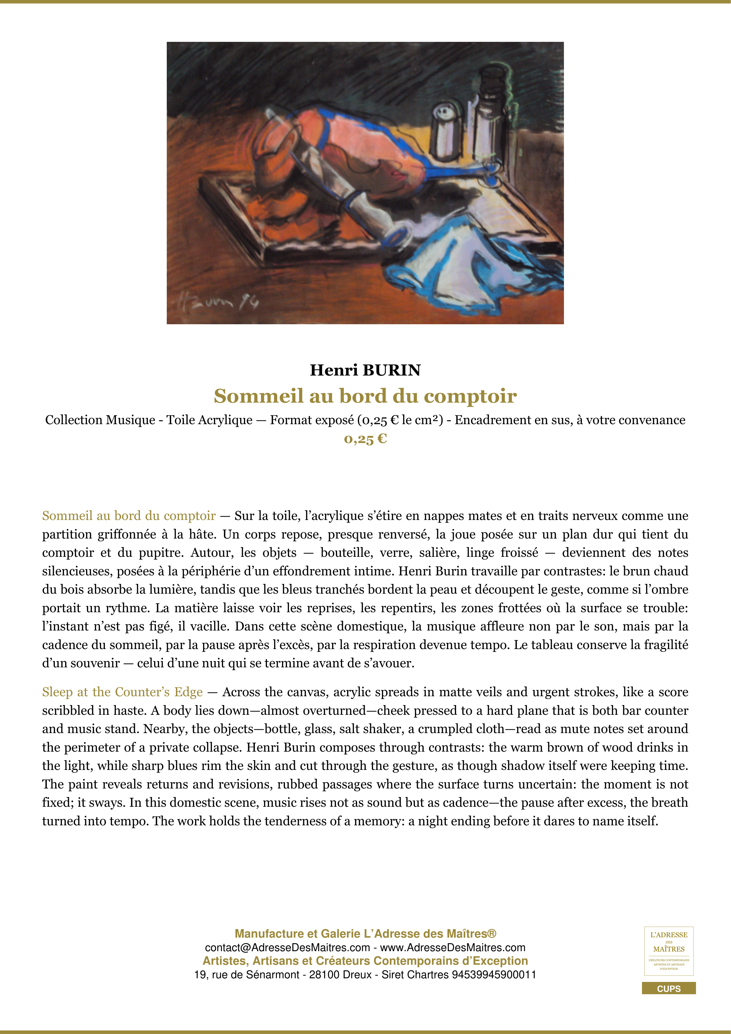 Fiche Premium — Sommeil au bord du comptoir — Henri BURIN — L'Adresse des Maîtres®