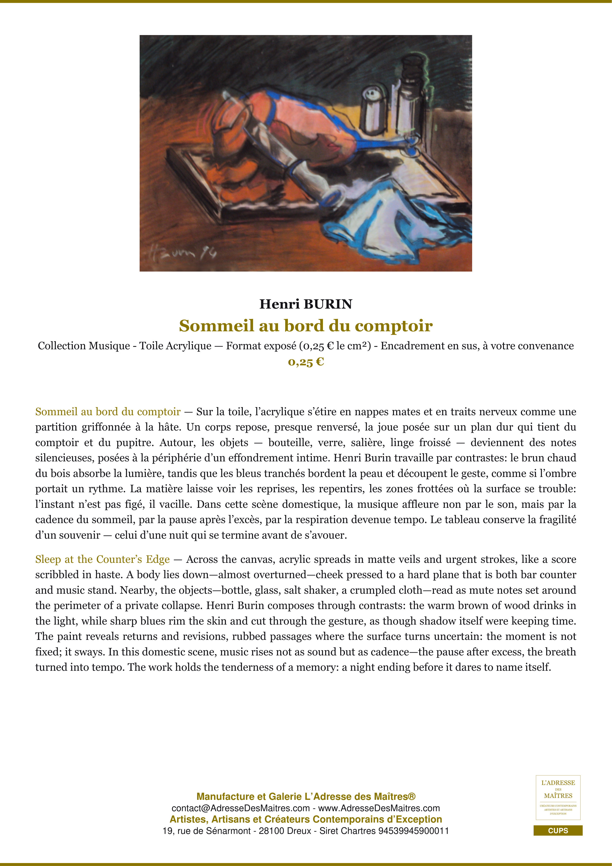 Fiche Premium — Sommeil au bord du comptoir — Henri BURIN — L'Adresse des Maîtres®