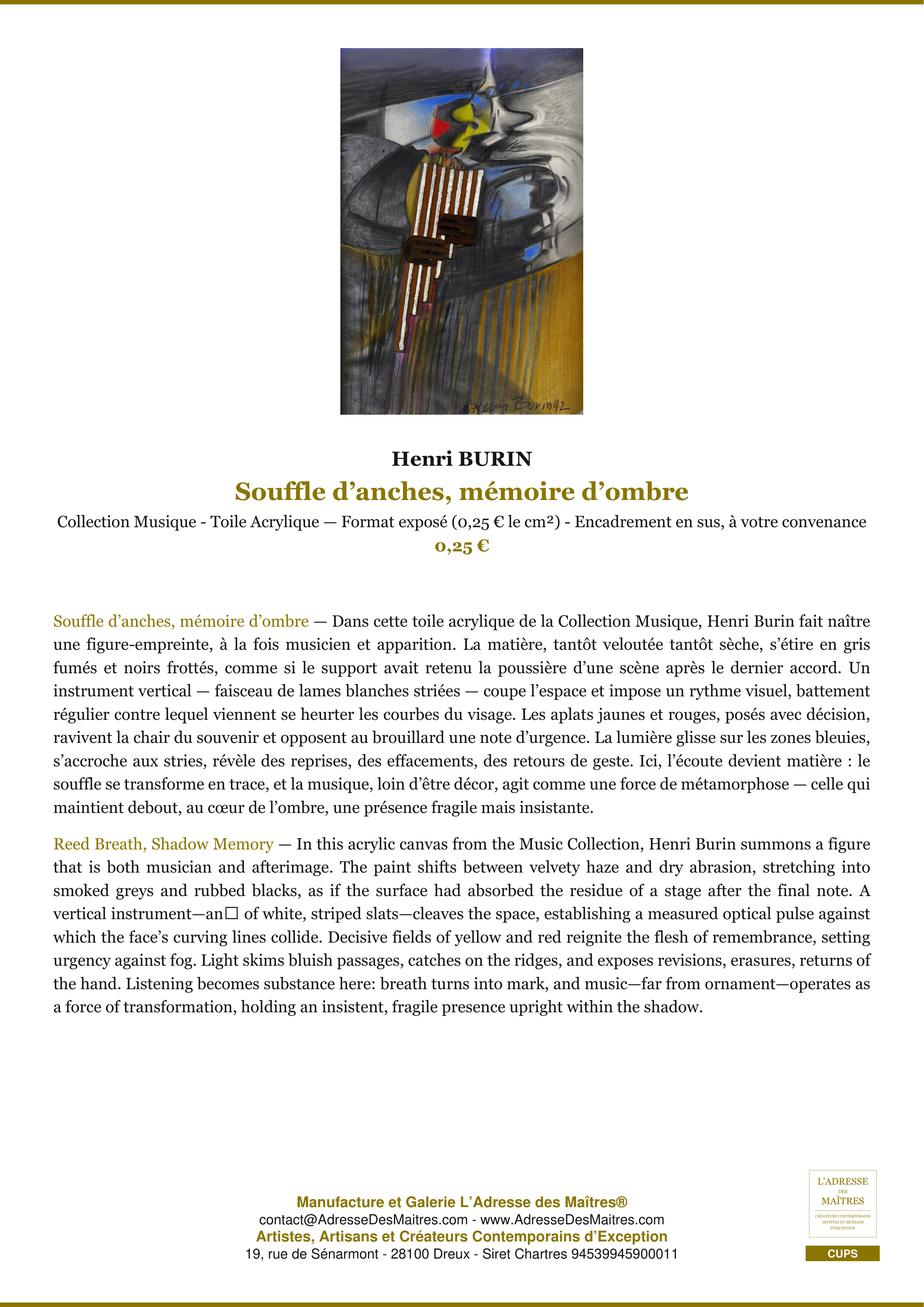Fiche Premium — Souffle d’anches, mémoire d’ombre — Henri BURIN — L'Adresse des Maîtres®