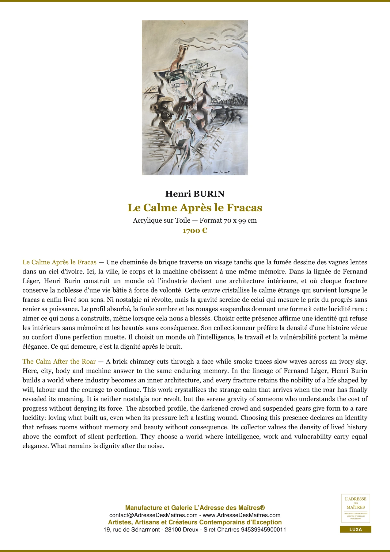 Fiche Premium — Le Calme Après le Fracas — Henri BURIN — L'Adresse des Maîtres®