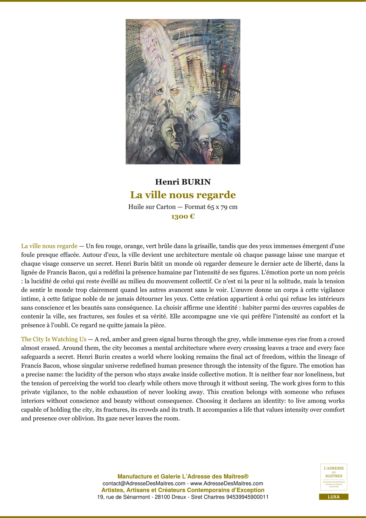 Fiche Premium — La ville nous regarde — Henri BURIN — L'Adresse des Maîtres®