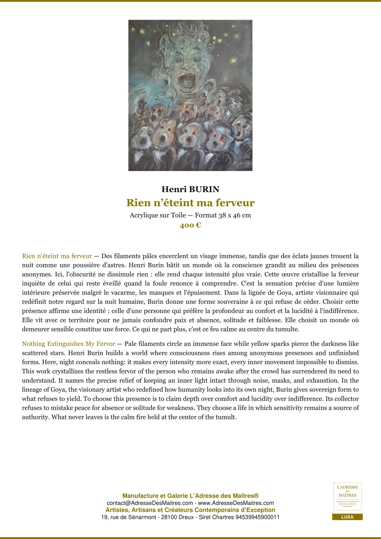 Fiche Premium — Rien n’éteint ma ferveur — Henri BURIN — L'Adresse des Maîtres®