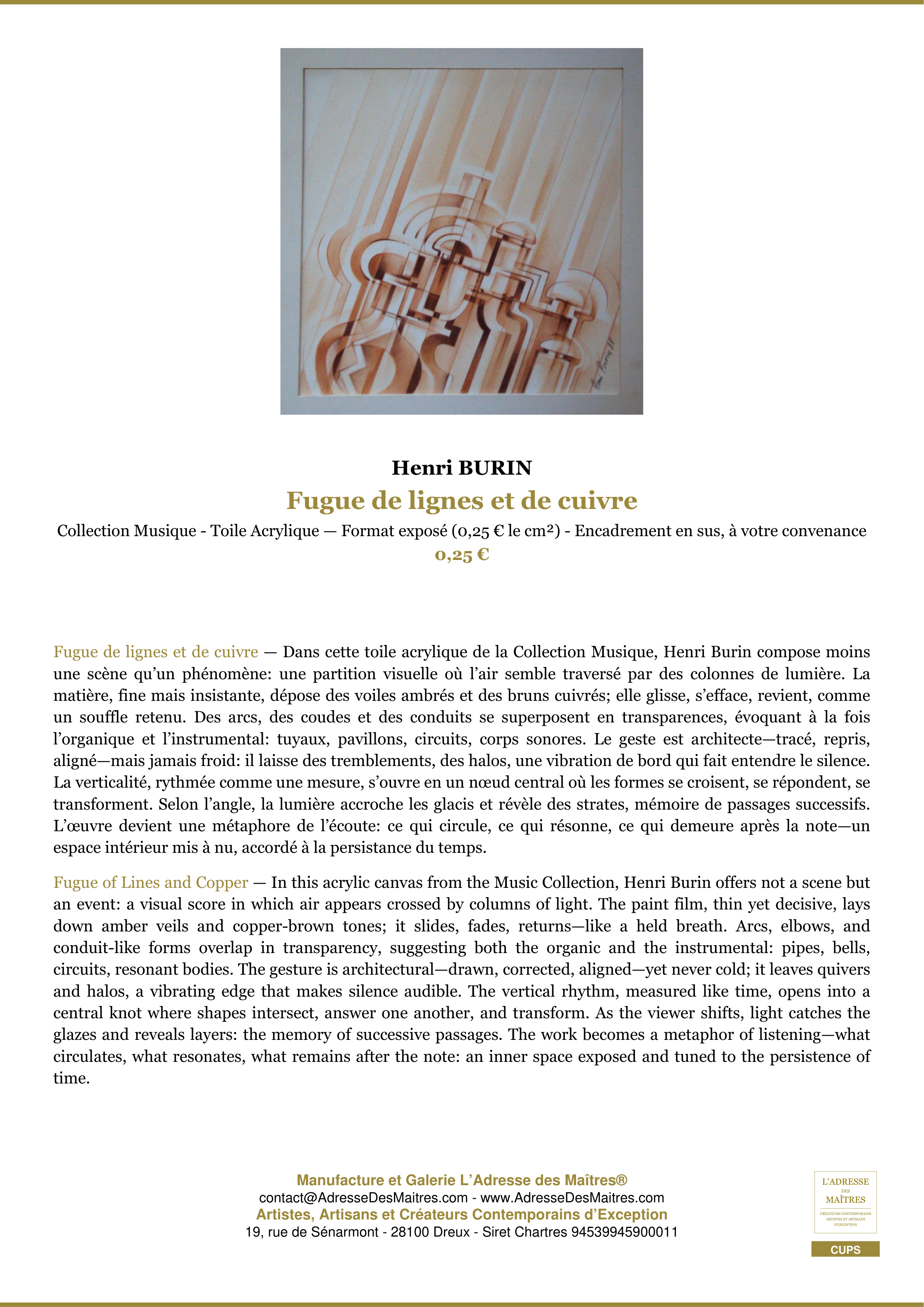 Fiche Premium — Fugue de lignes et de cuivre — Henri BURIN — L'Adresse des Maîtres®