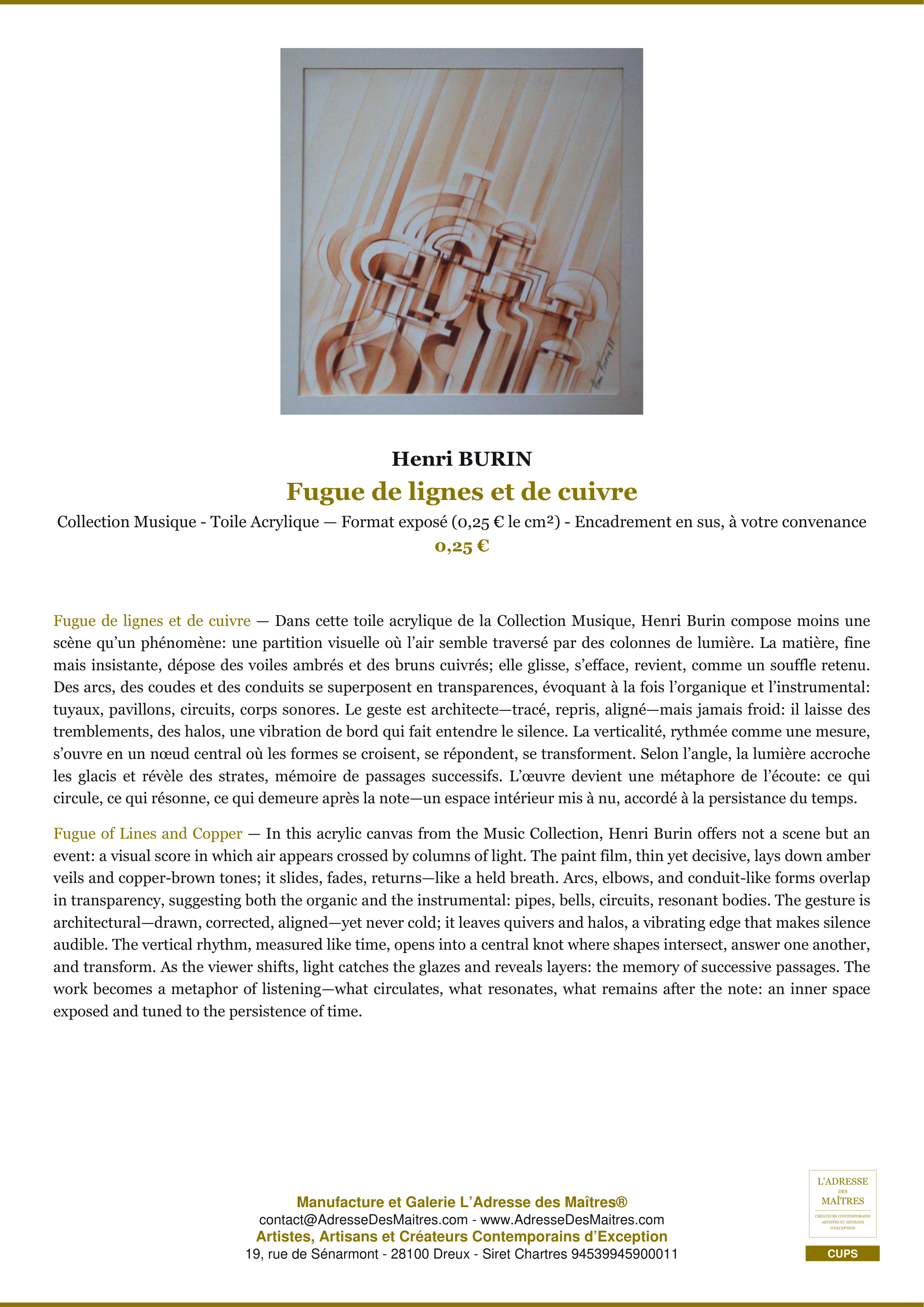 Fiche Premium — Fugue de lignes et de cuivre — Henri BURIN — L'Adresse des Maîtres®