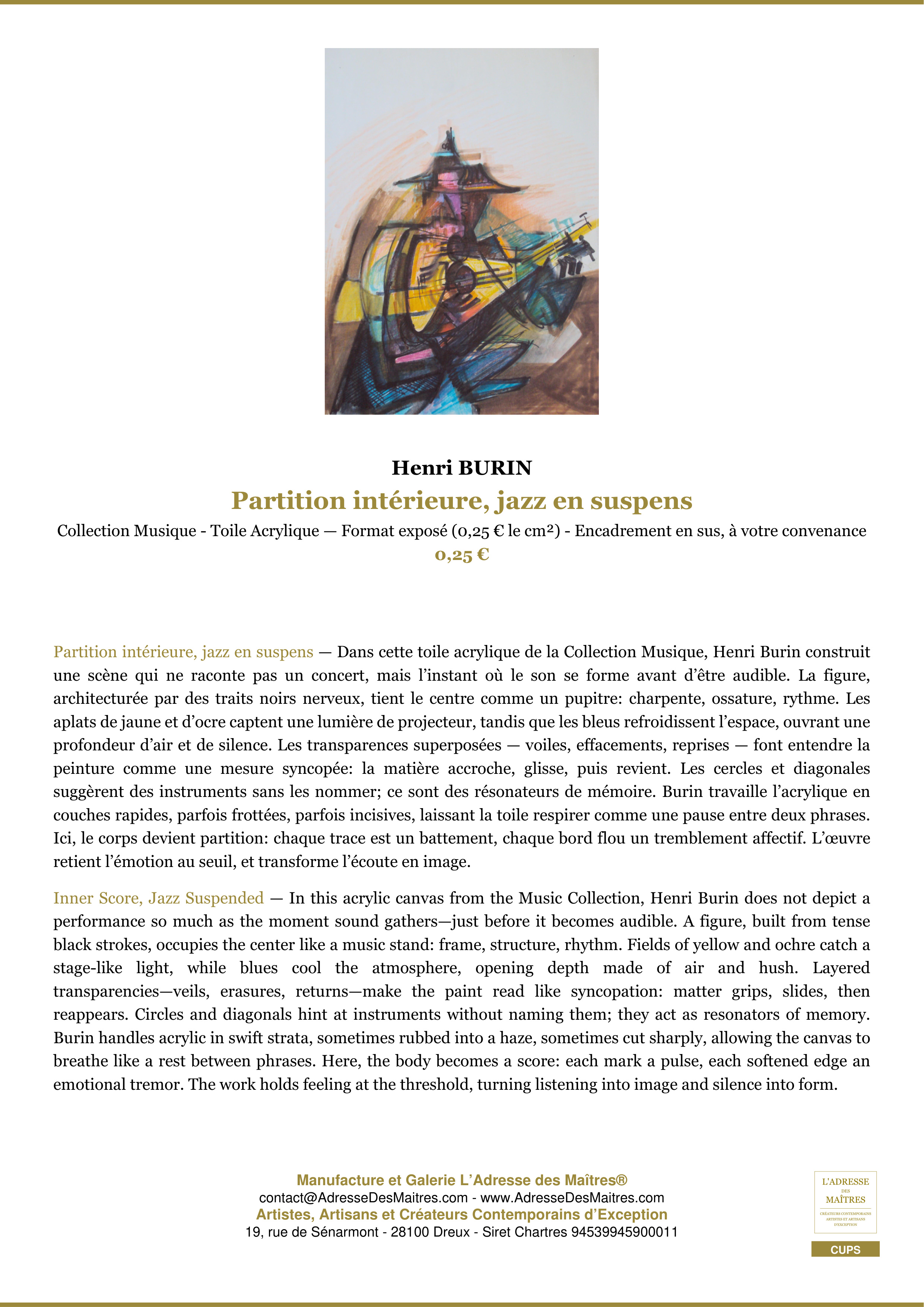 Fiche Premium — Partition intérieure, jazz en suspens — Henri BURIN — L'Adresse des Maîtres®