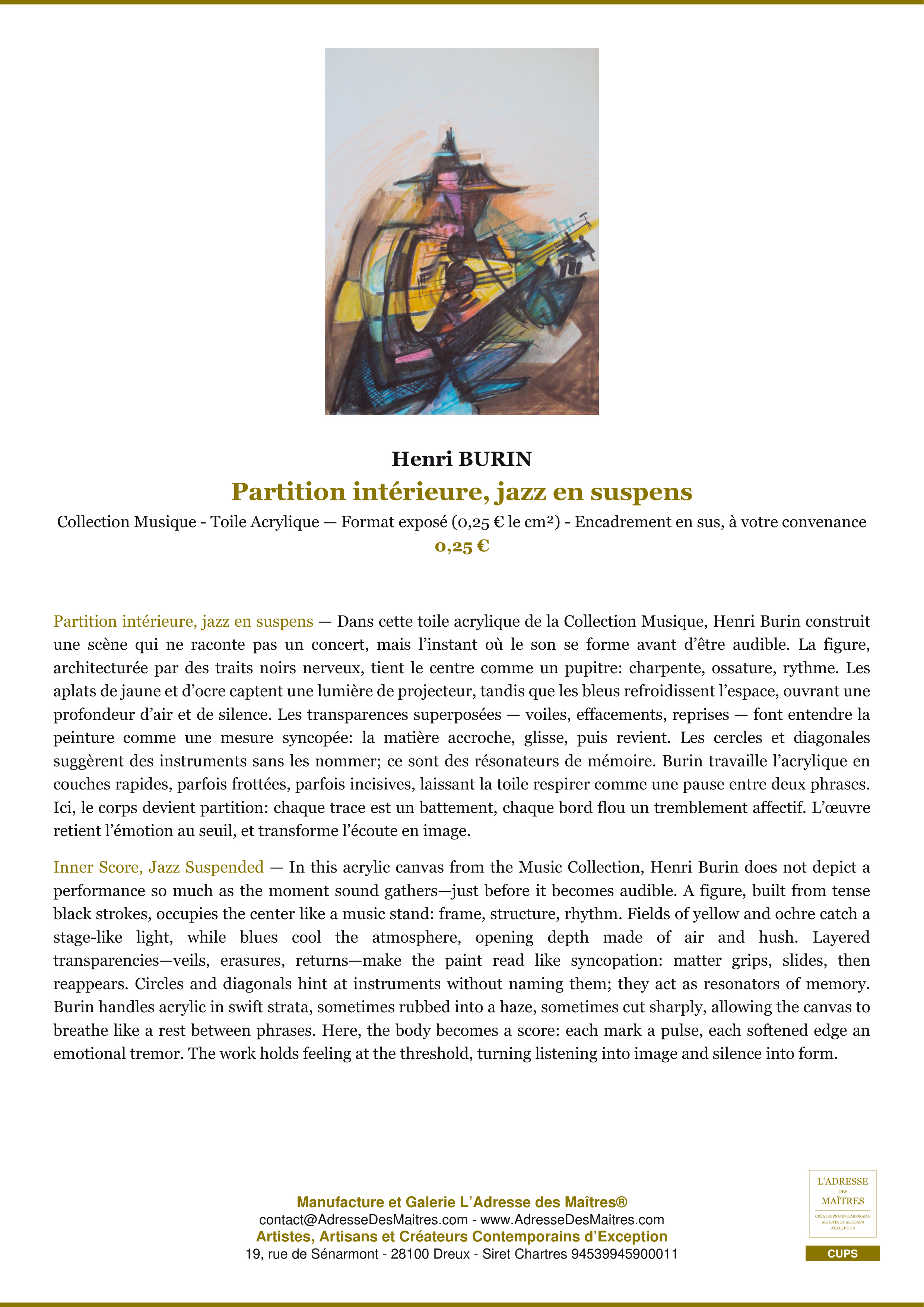 Fiche Premium — Partition intérieure, jazz en suspens — Henri BURIN — L'Adresse des Maîtres®