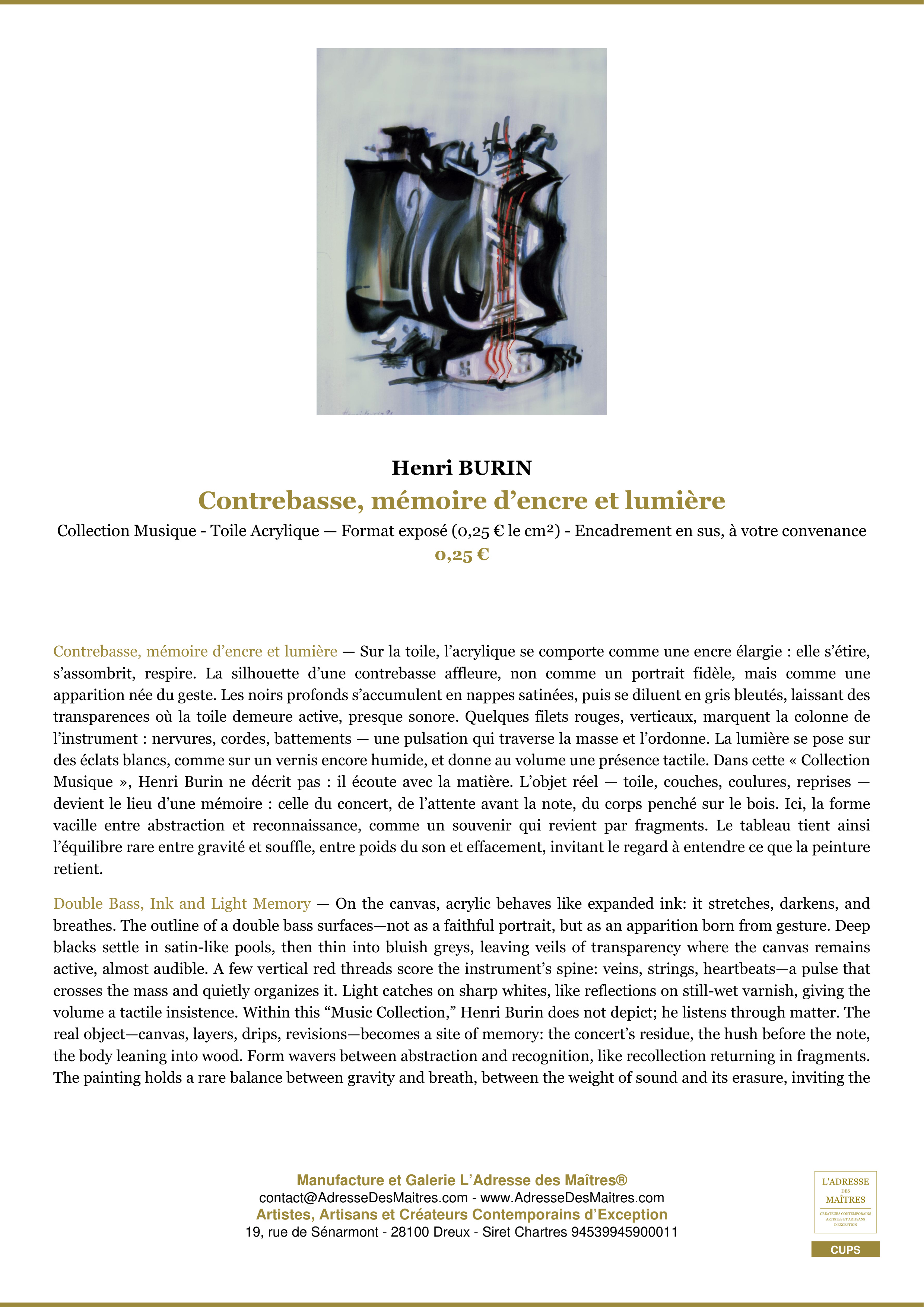 Fiche Premium — Contrebasse, mémoire d’encre et lumière — Henri BURIN — L'Adresse des Maîtres®