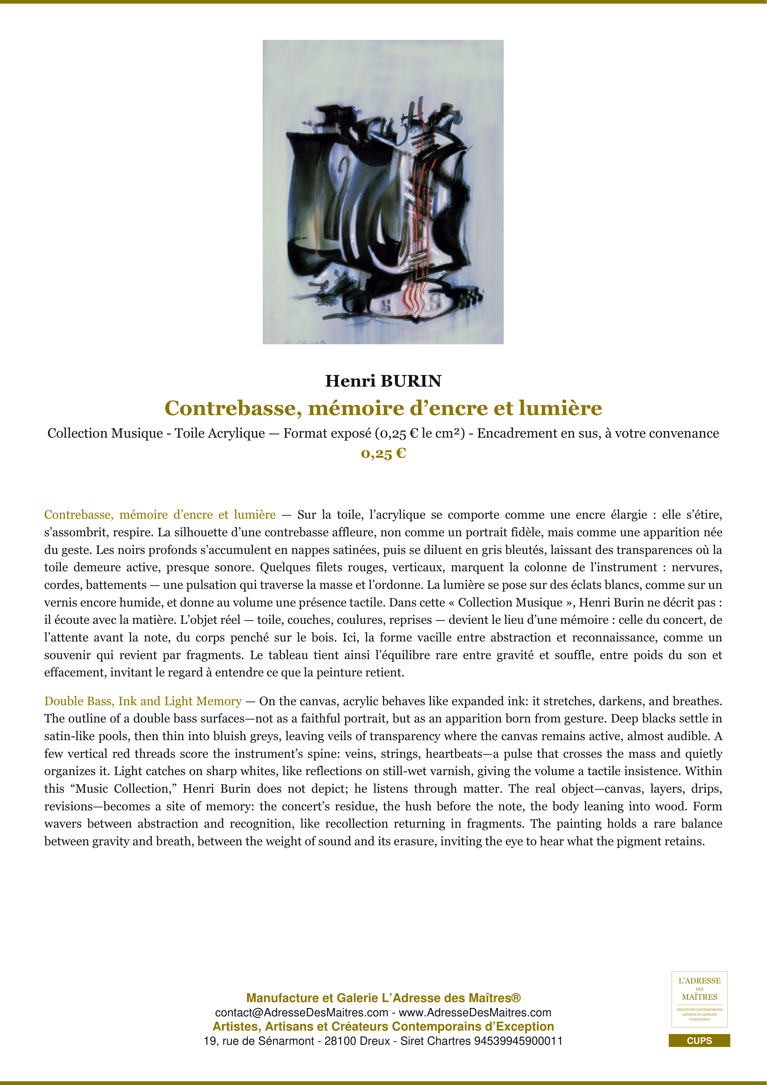 Fiche Premium — Contrebasse, mémoire d’encre et lumière — Henri BURIN — L'Adresse des Maîtres®