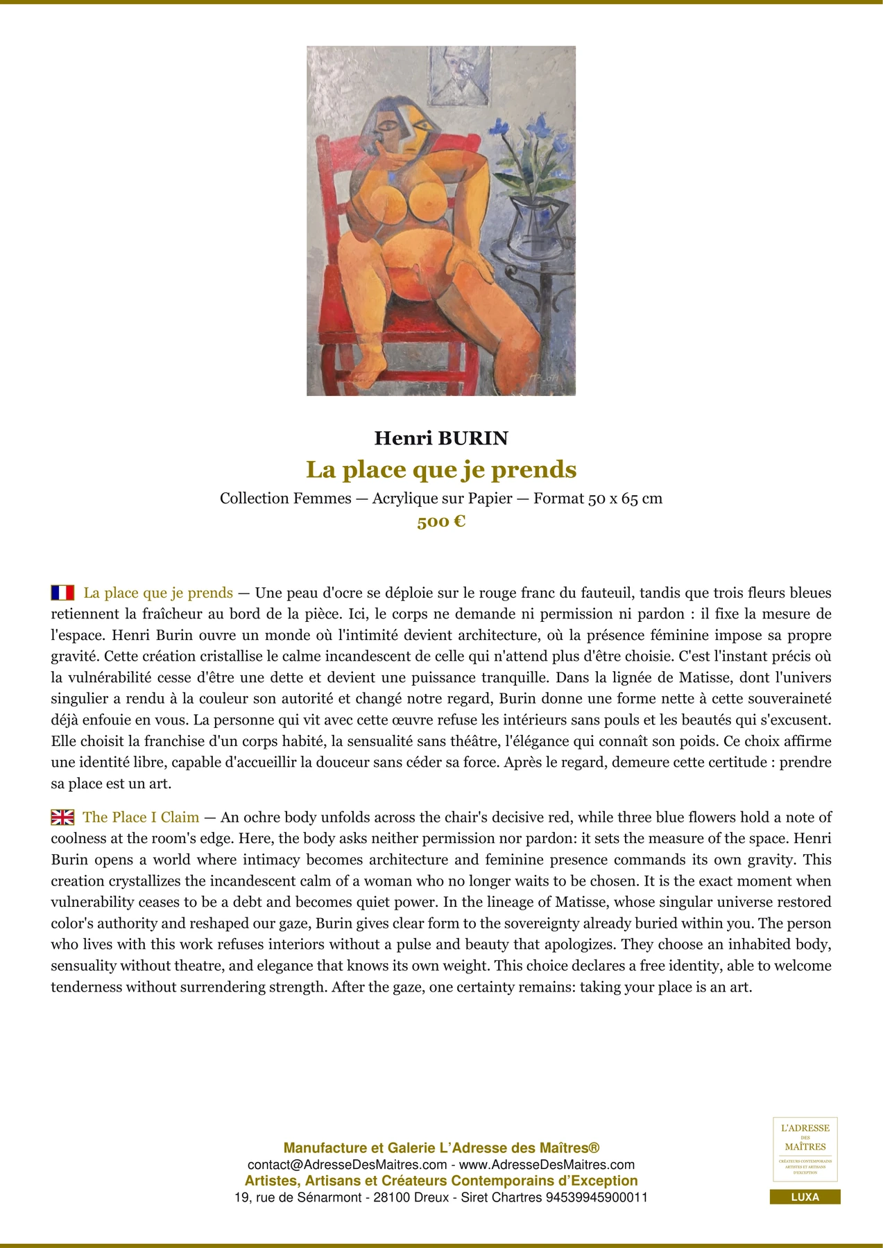 Fiche Premium - La place que je prends - Henri BURIN - L'Adresse des Maîtres®