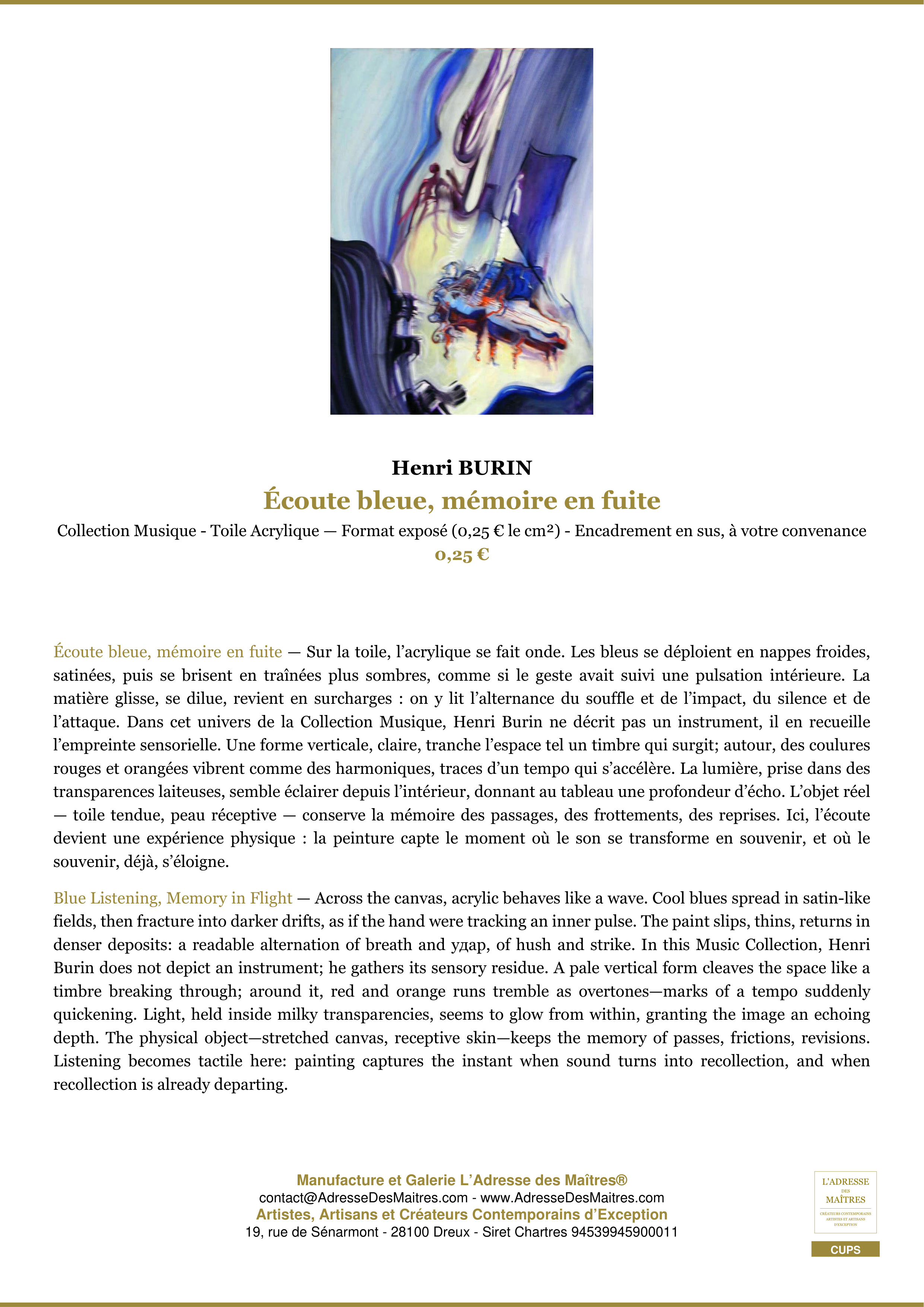 Fiche Premium — Écoute bleue, mémoire en fuite — Henri BURIN — L'Adresse des Maîtres®