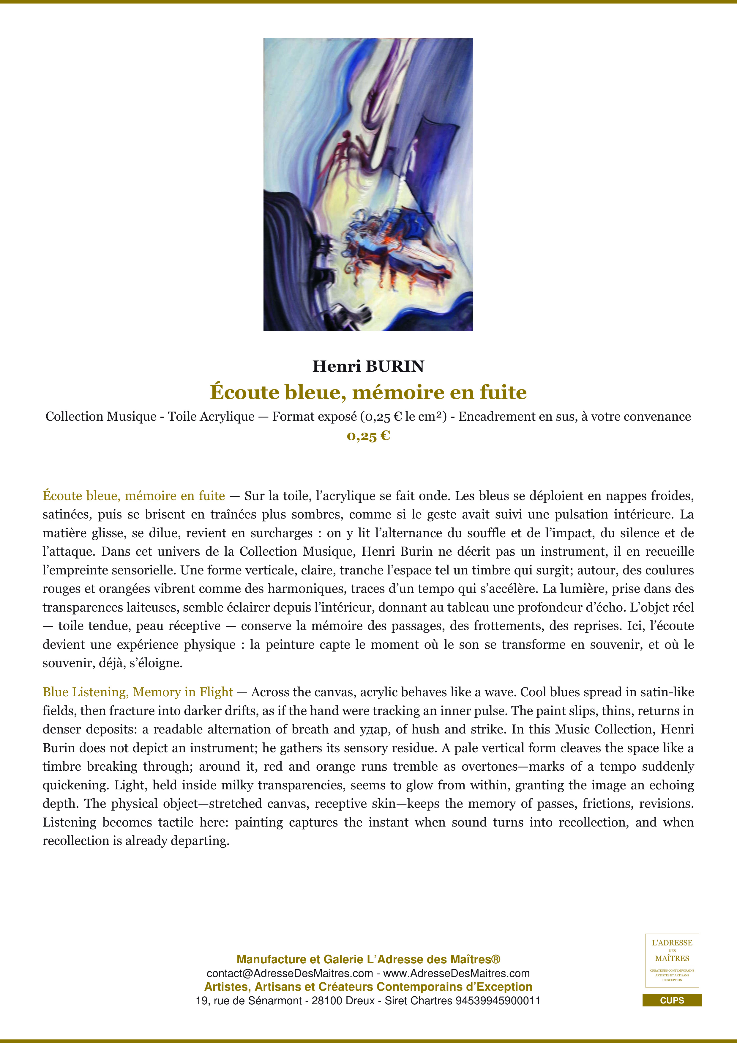 Fiche Premium — Écoute bleue, mémoire en fuite — Henri BURIN — L'Adresse des Maîtres®