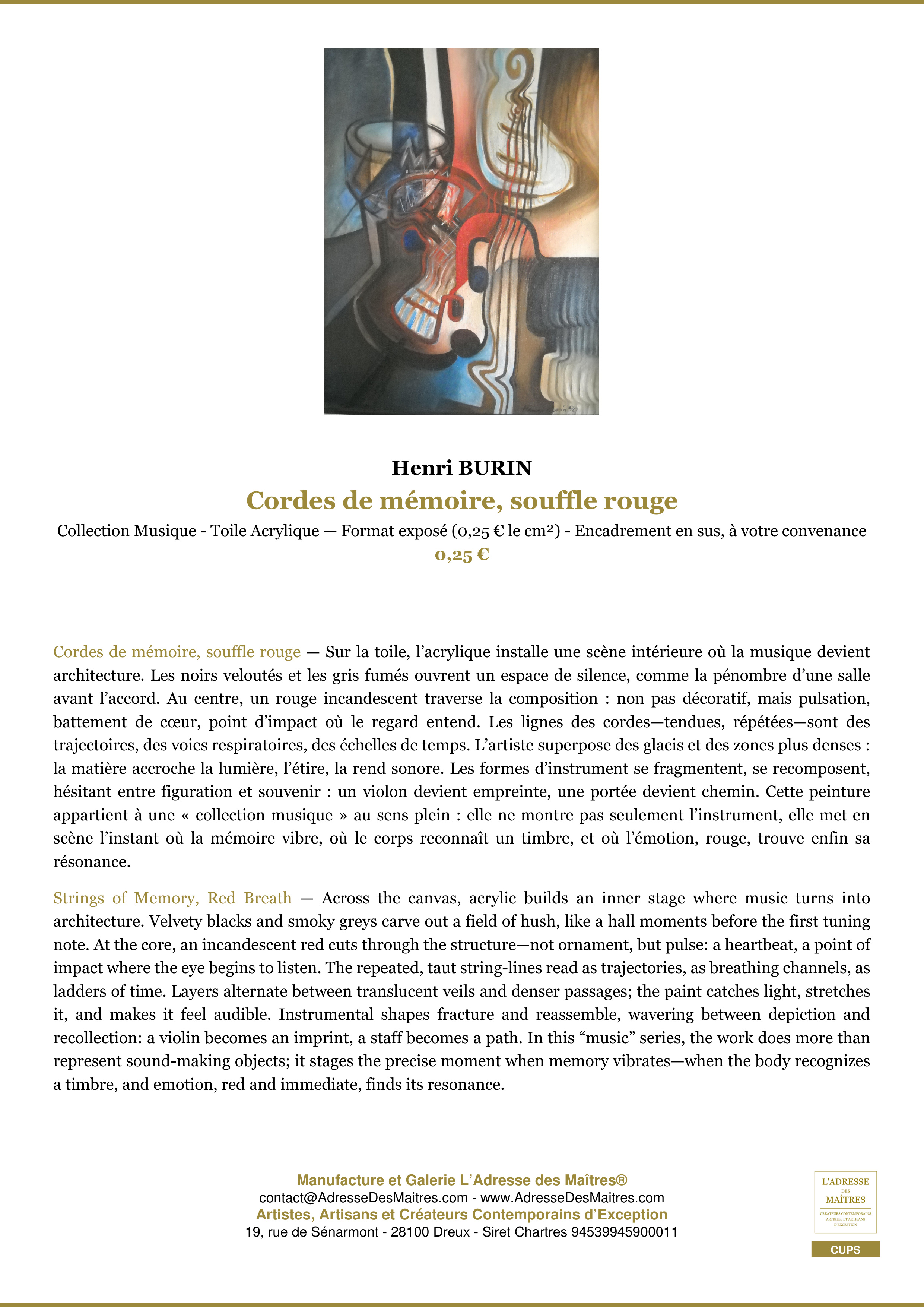 Fiche Premium — Cordes de mémoire, souffle rouge — Henri BURIN — L'Adresse des Maîtres®