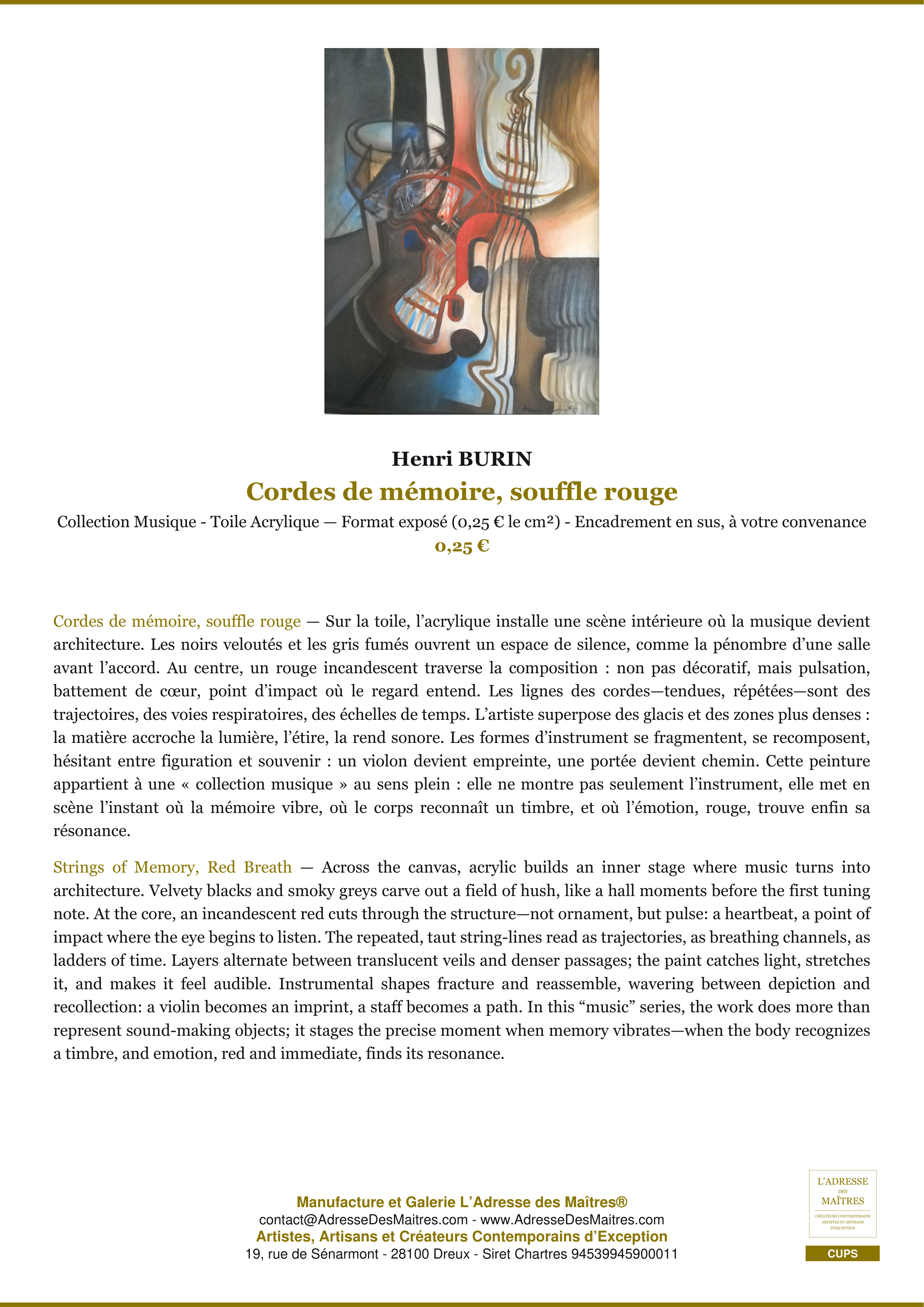 Fiche Premium — Cordes de mémoire, souffle rouge — Henri BURIN — L'Adresse des Maîtres®