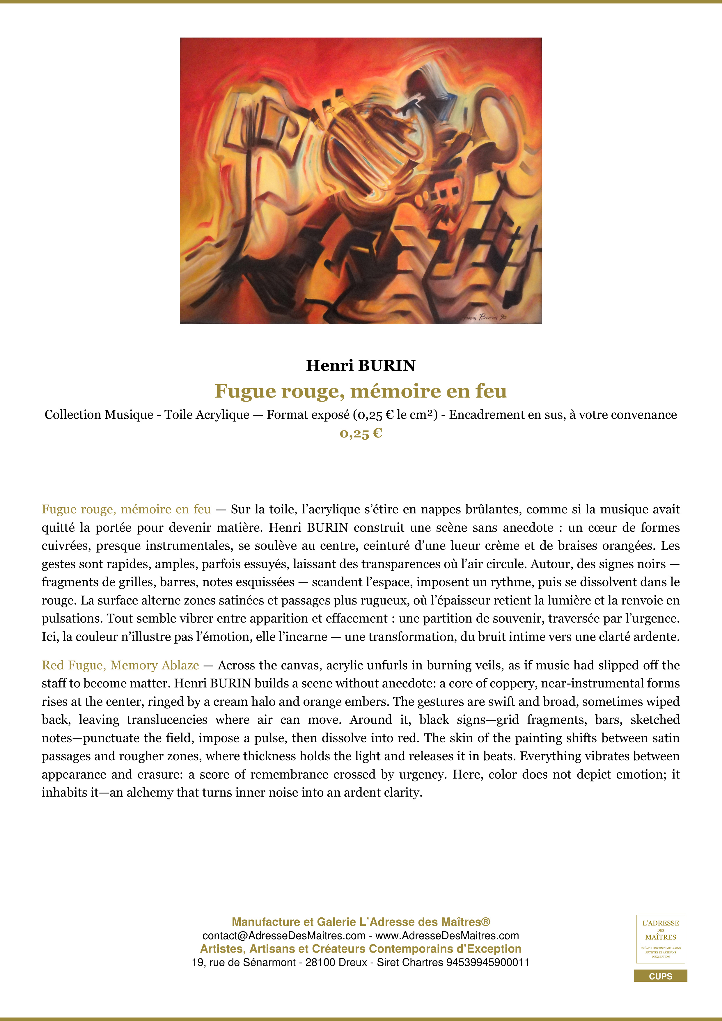 Fiche Premium — Fugue rouge, mémoire en feu — Henri BURIN — L'Adresse des Maîtres®