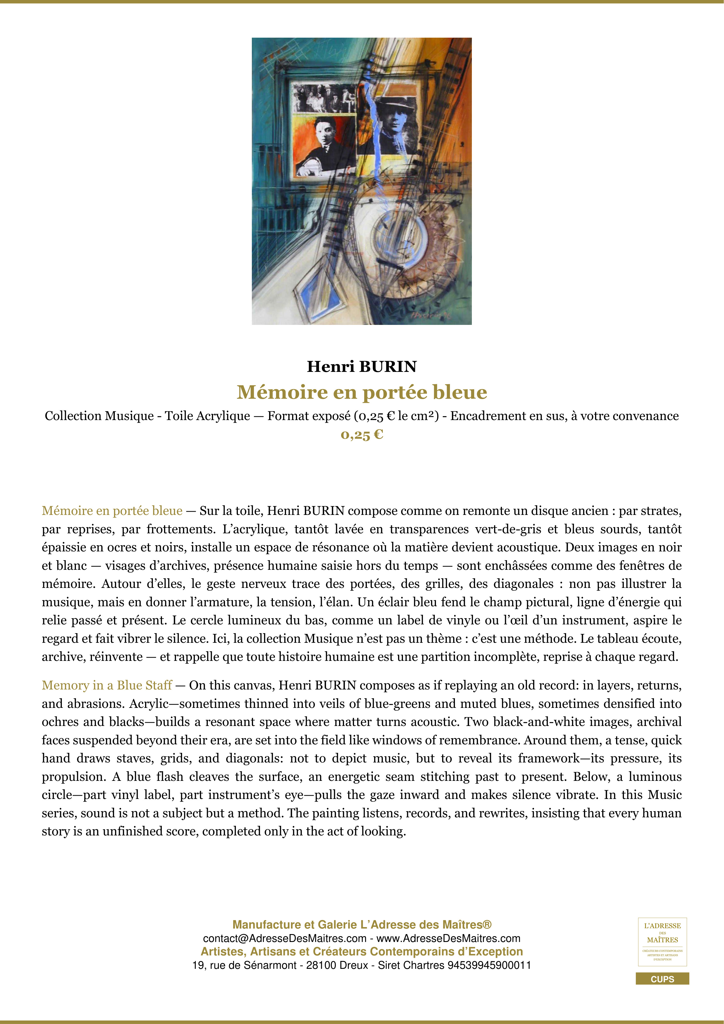 Fiche Premium — Mémoire en portée bleue — Henri BURIN — L'Adresse des Maîtres®