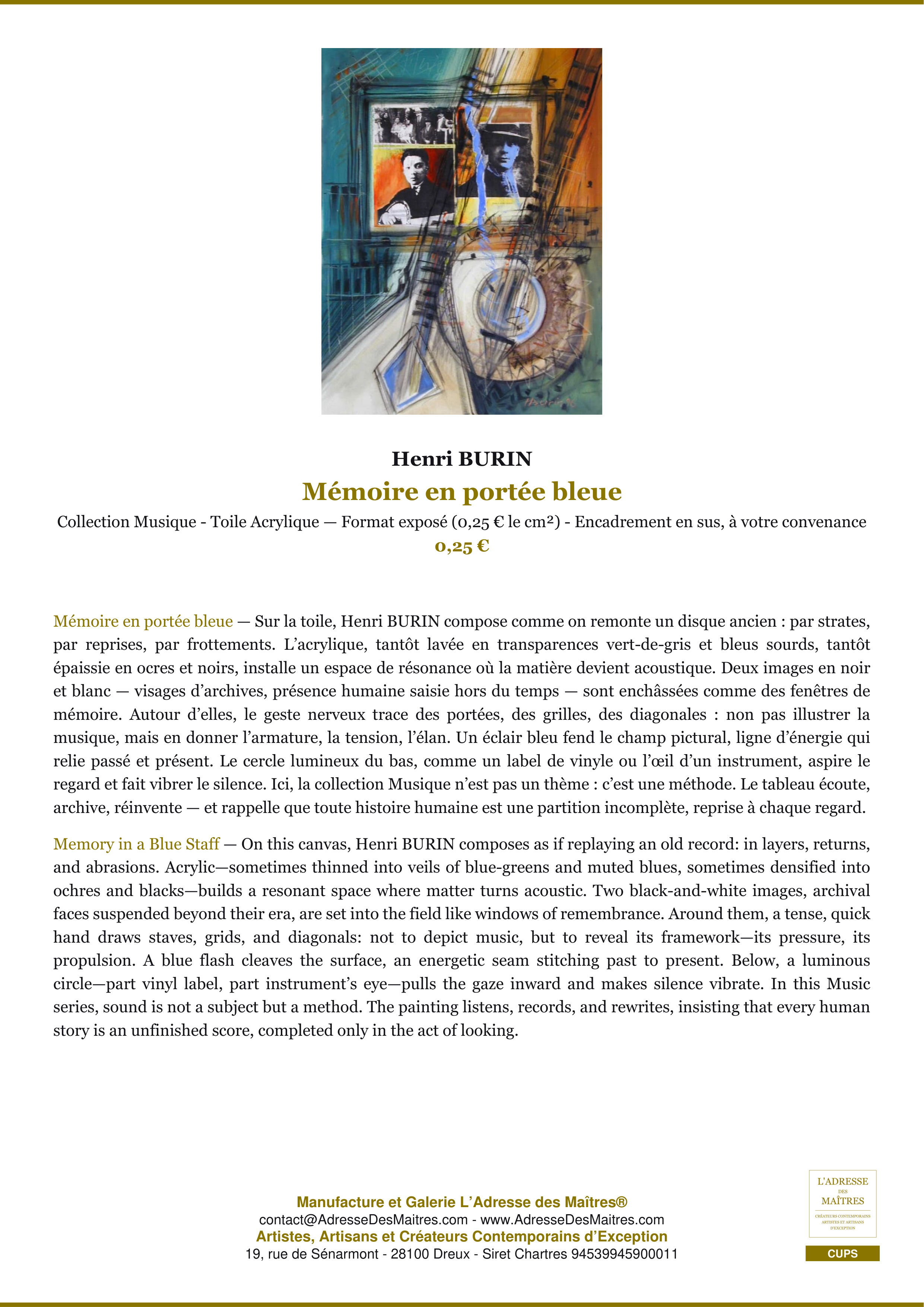 Fiche Premium — Mémoire en portée bleue — Henri BURIN — L'Adresse des Maîtres®