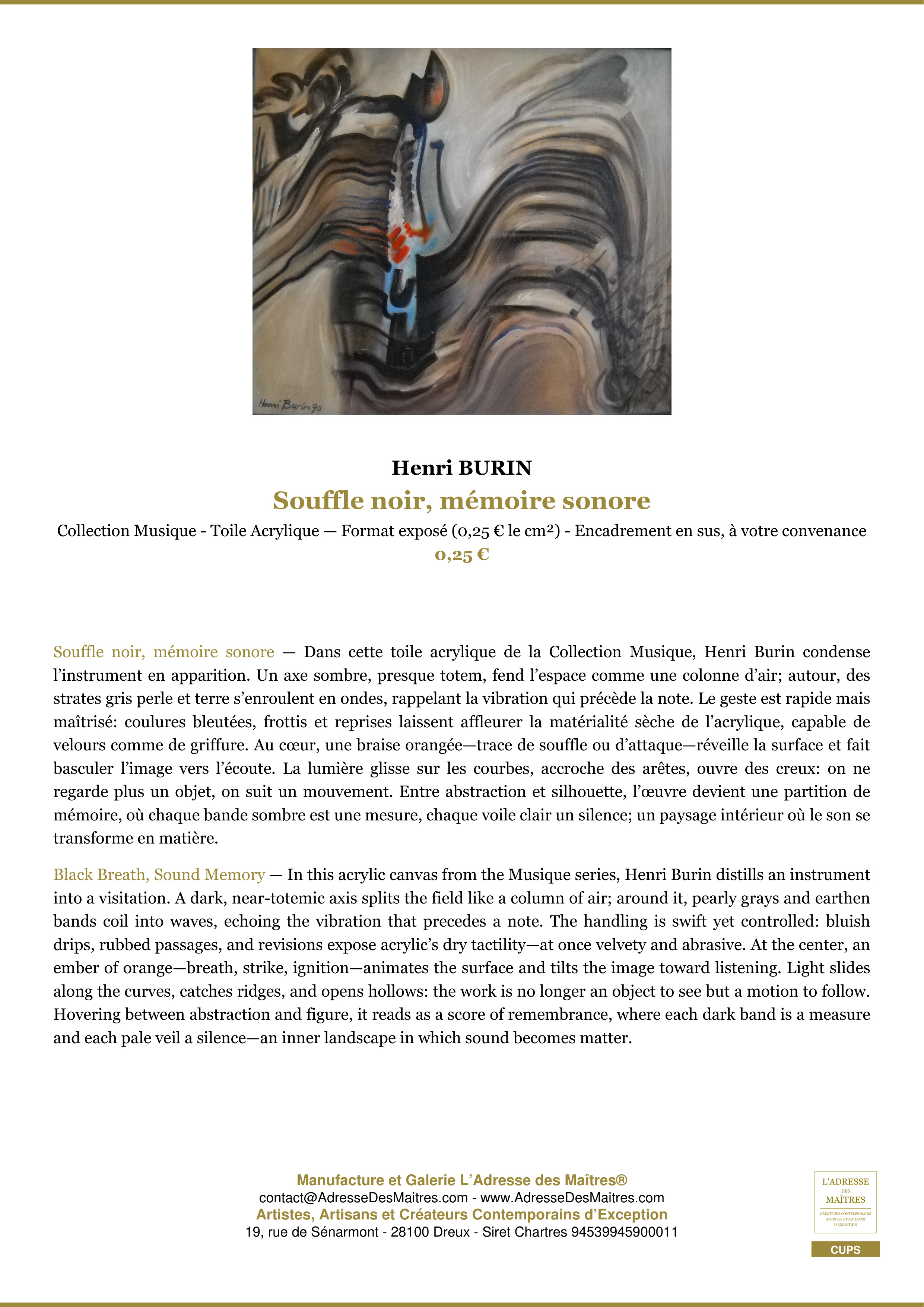 Fiche Premium — Souffle noir, mémoire sonore — Henri BURIN — L'Adresse des Maîtres®