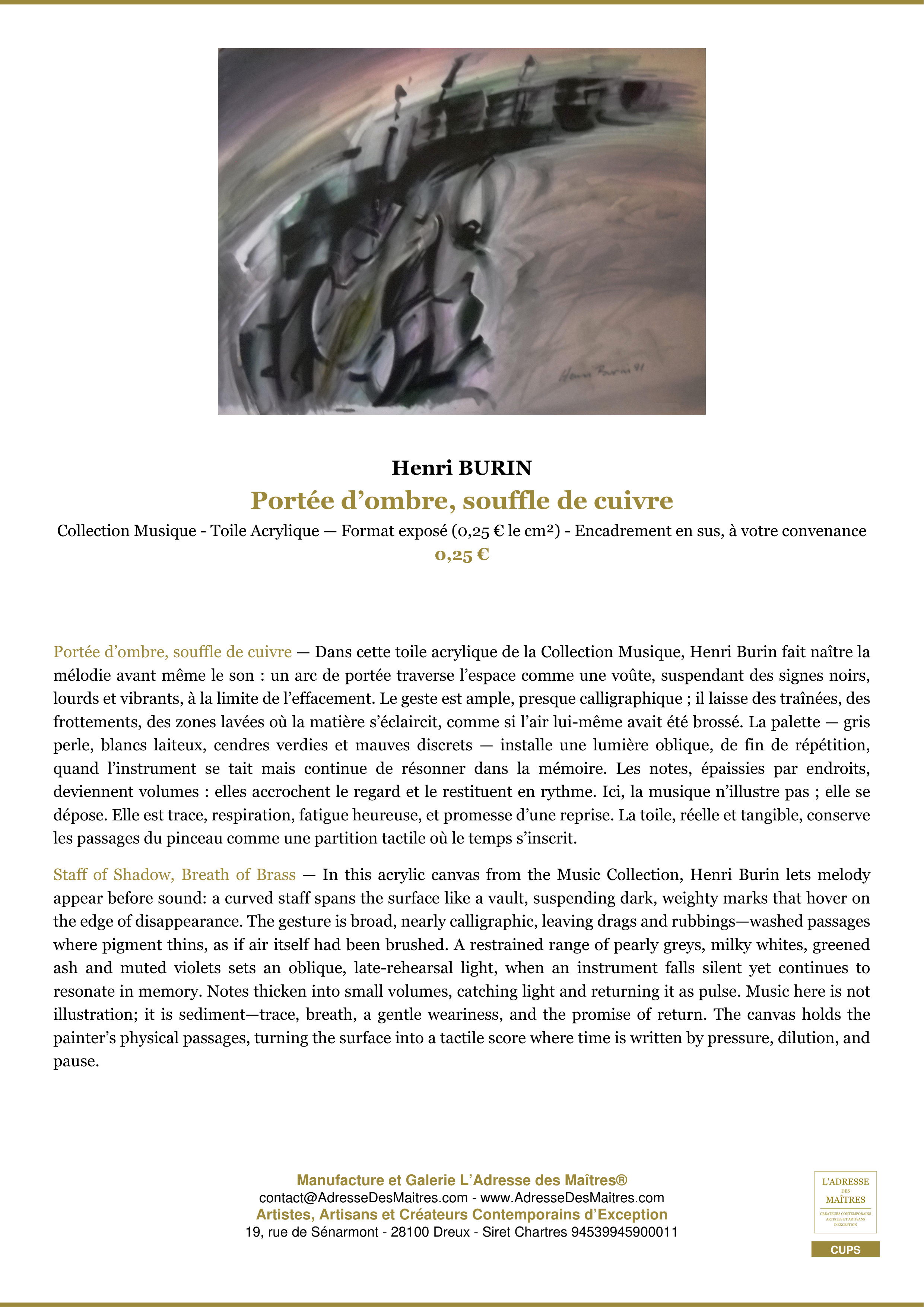 Fiche Premium — Portée d’ombre, souffle de cuivre — Henri BURIN — L'Adresse des Maîtres®