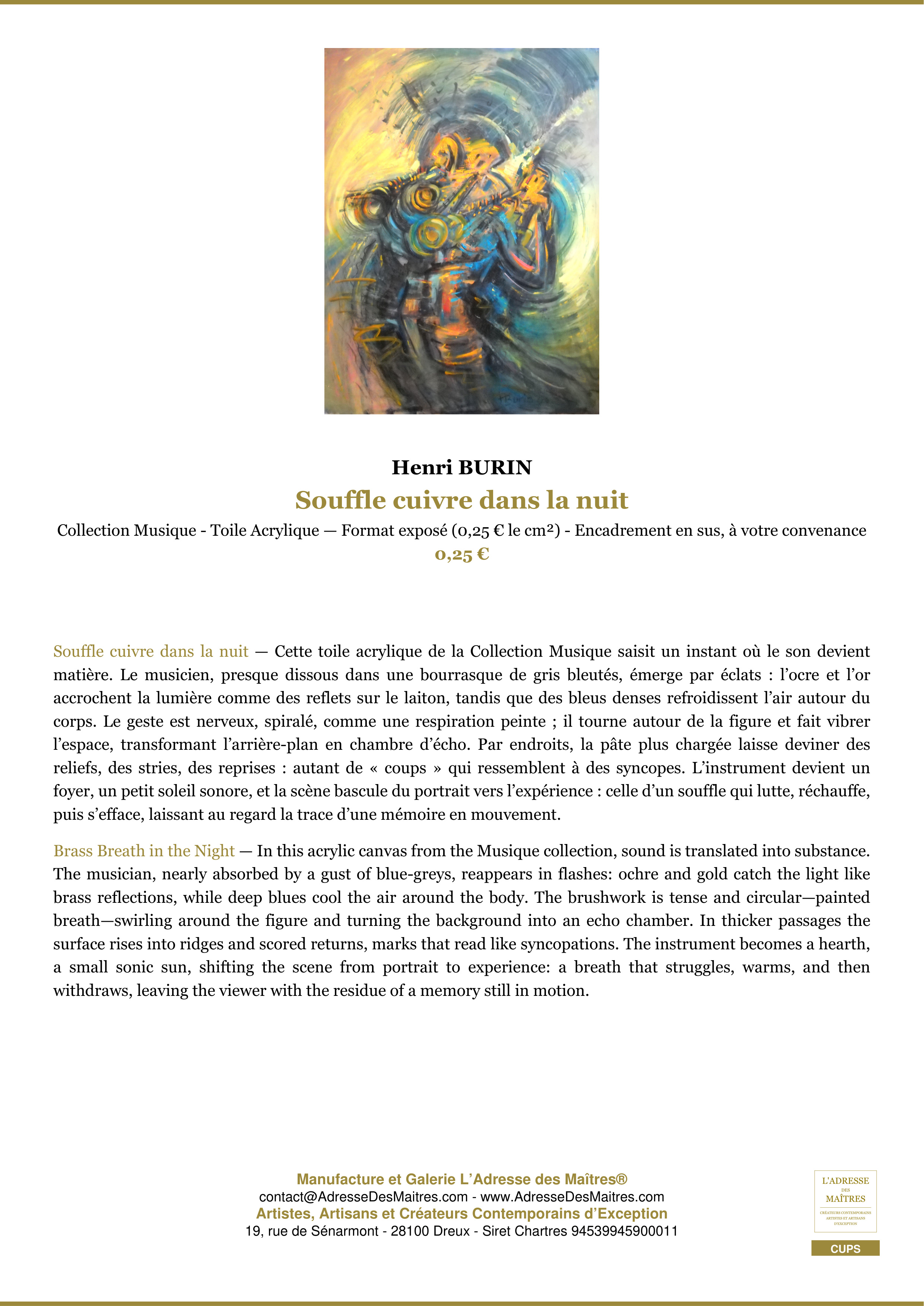 Fiche Premium — Souffle cuivre dans la nuit — Henri BURIN — L'Adresse des Maîtres®