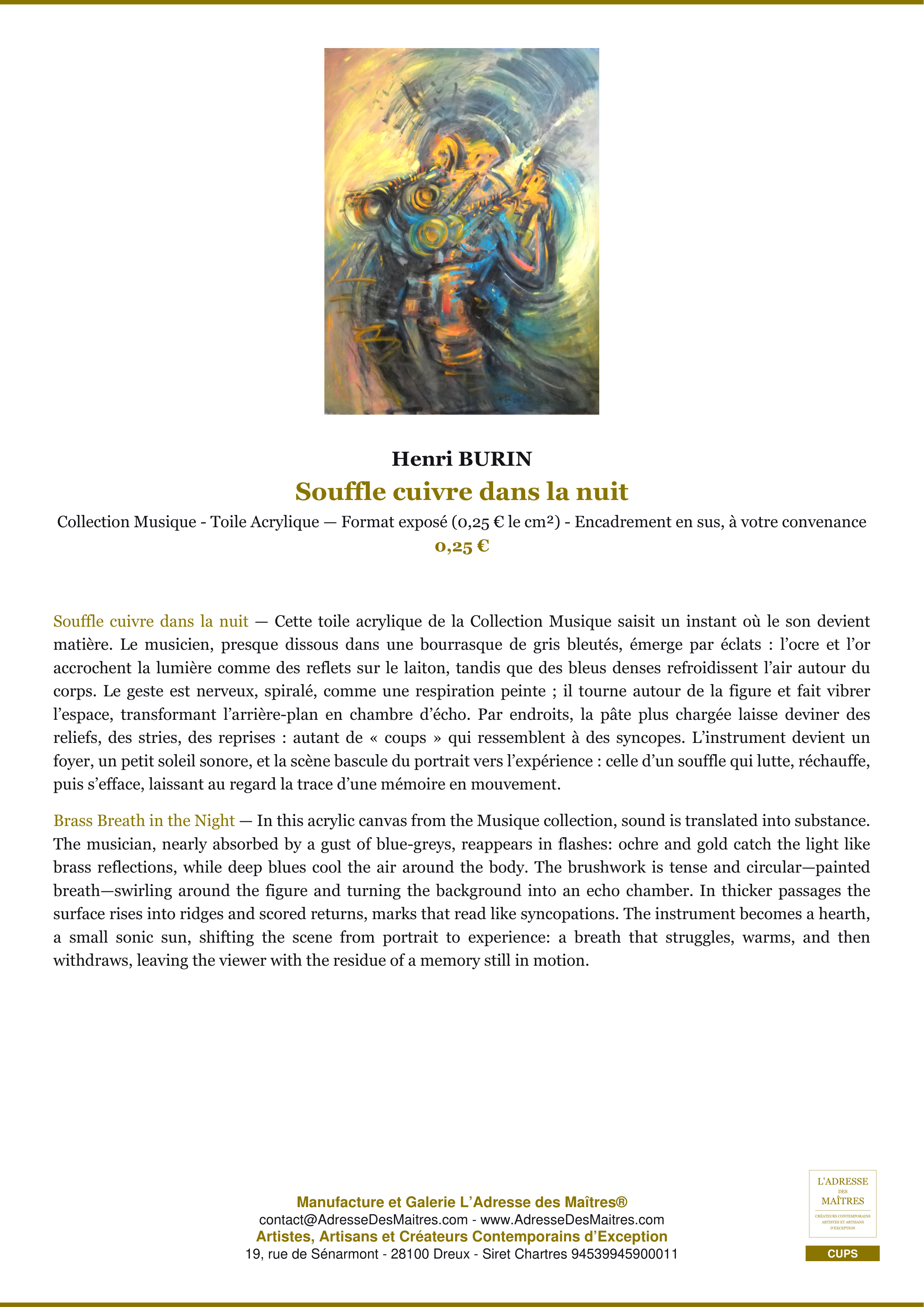 Fiche Premium — Souffle cuivre dans la nuit — Henri BURIN — L'Adresse des Maîtres®