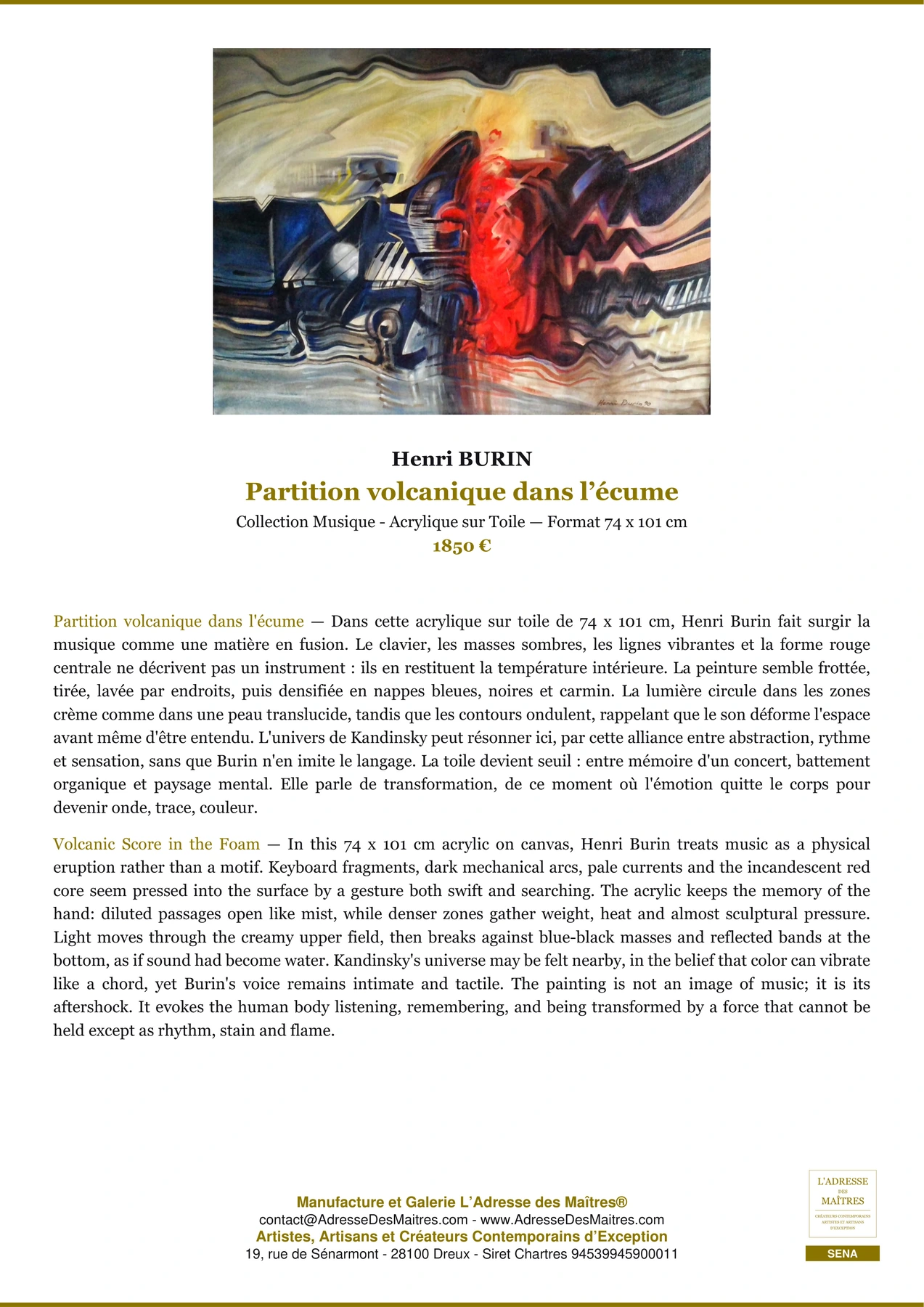 Fiche Premium — Partition volcanique dans l’écume — Henri BURIN — L'Adresse des Maîtres®