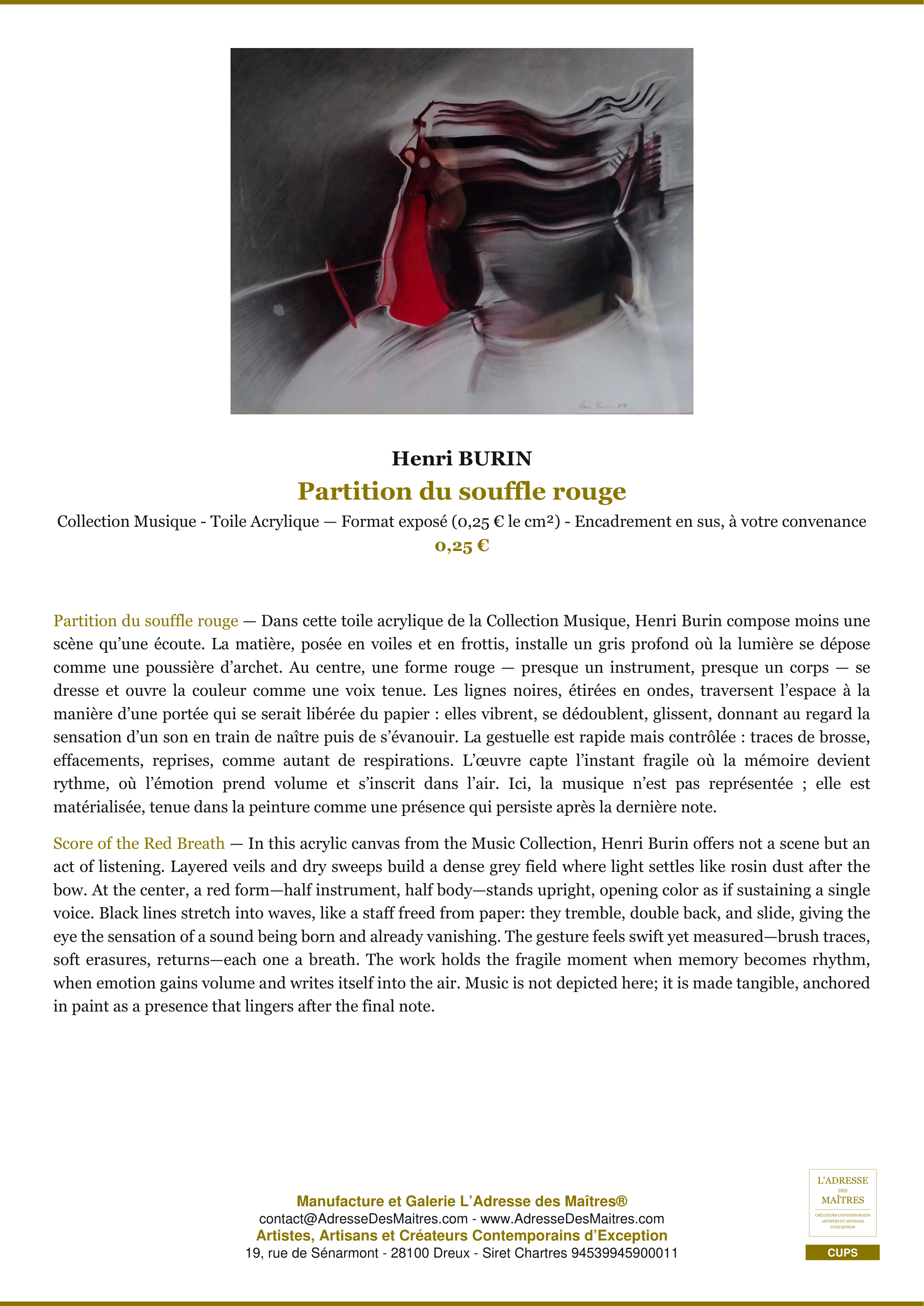 Fiche Premium — Partition du souffle rouge — Henri BURIN — L'Adresse des Maîtres®