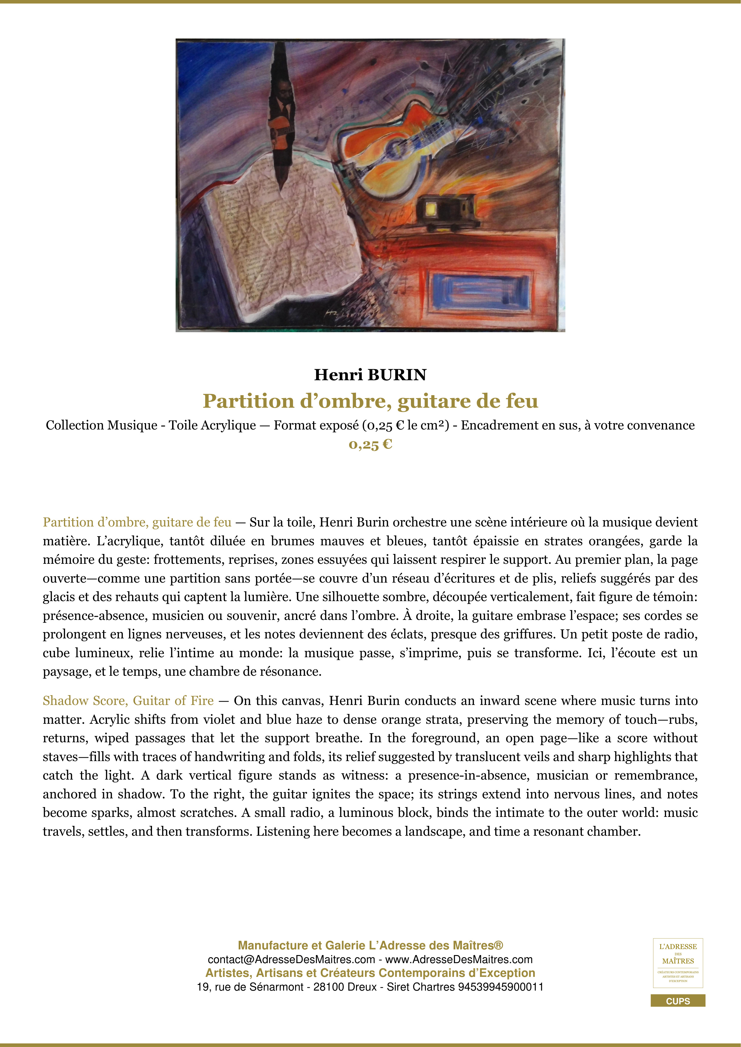 Fiche Premium — Partition d’ombre, guitare de feu — Henri BURIN — L'Adresse des Maîtres®
