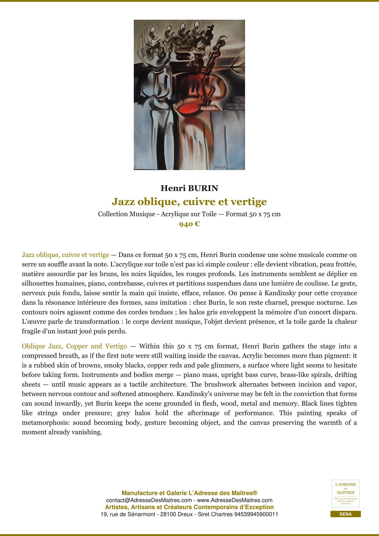 Fiche Premium — Jazz oblique, cuivre et vertige — Henri BURIN — L'Adresse des Maîtres®