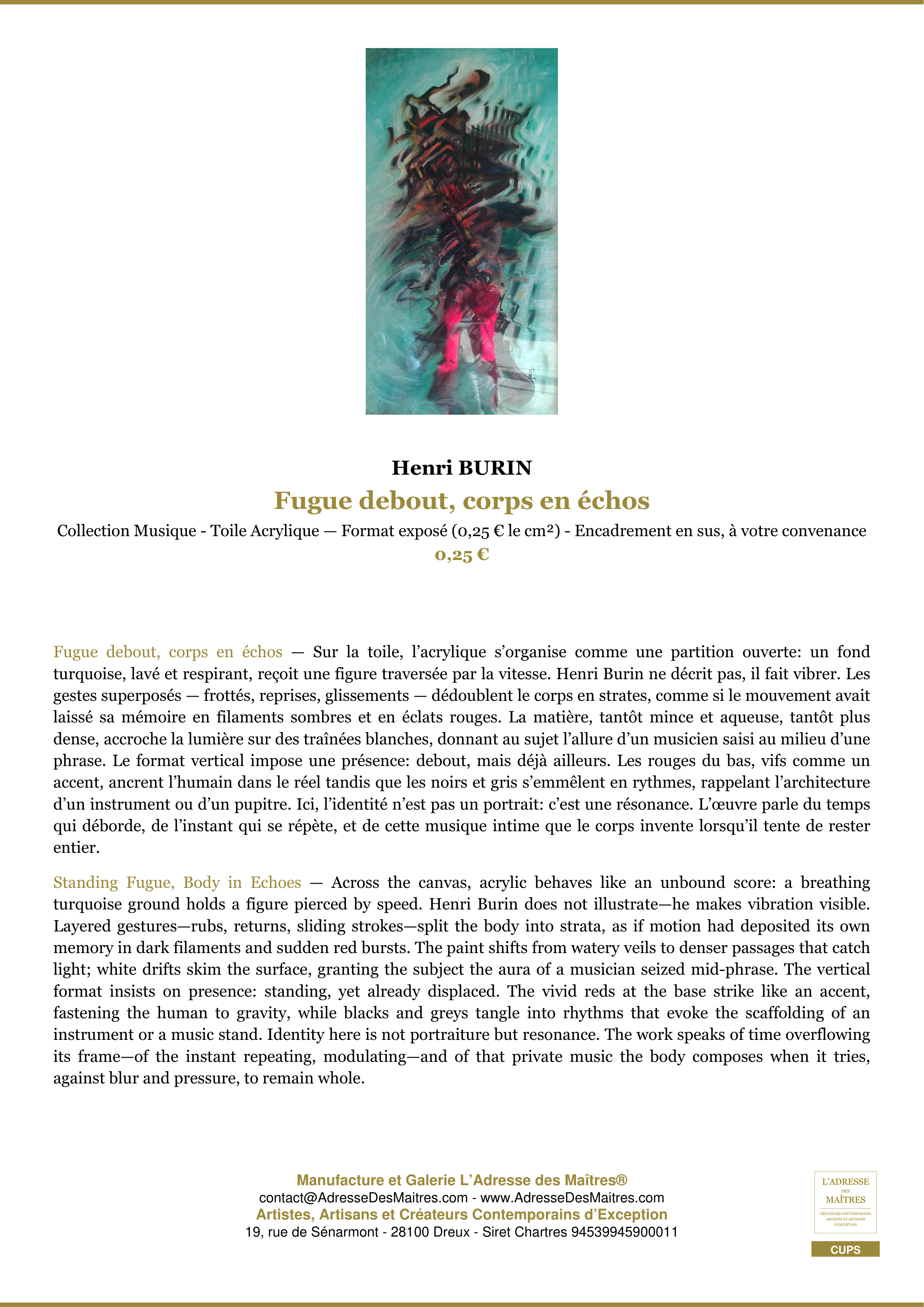 Fiche Premium — Fugue debout, corps en échos — Henri BURIN — L'Adresse des Maîtres®